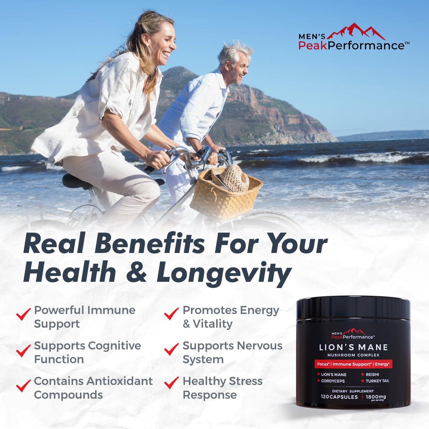 MEN'S PeakPerformance Lion's Mane Mushroom Supplement Capsules, 120 Capsules
