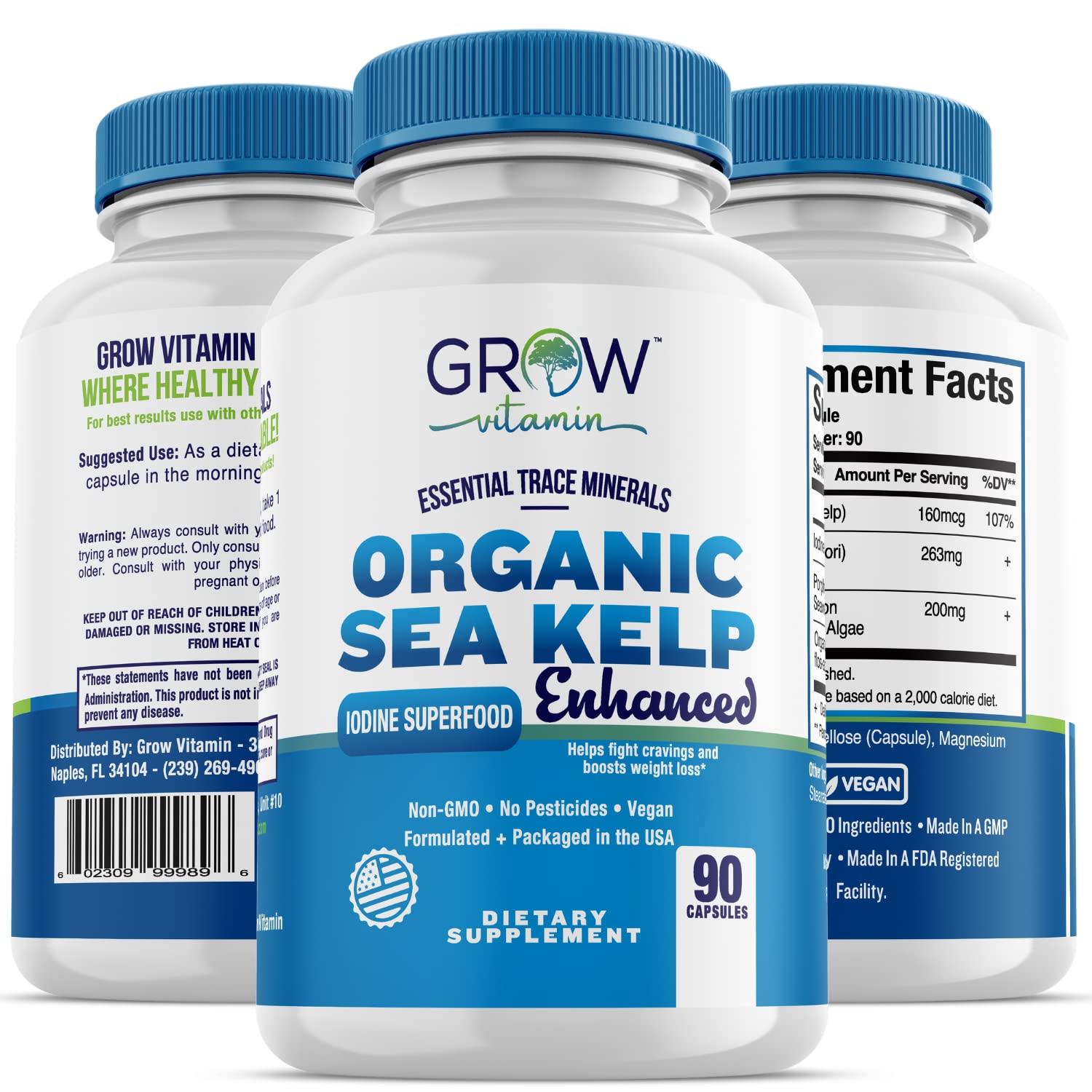 Grow Vitamin Organic Sea Kelp (Icelandic) Enhanced Thyroid Support Iodine Supplement with Blue-Green Algae & Red Algae, Immune System & Metabolism Support, 90 Capsules