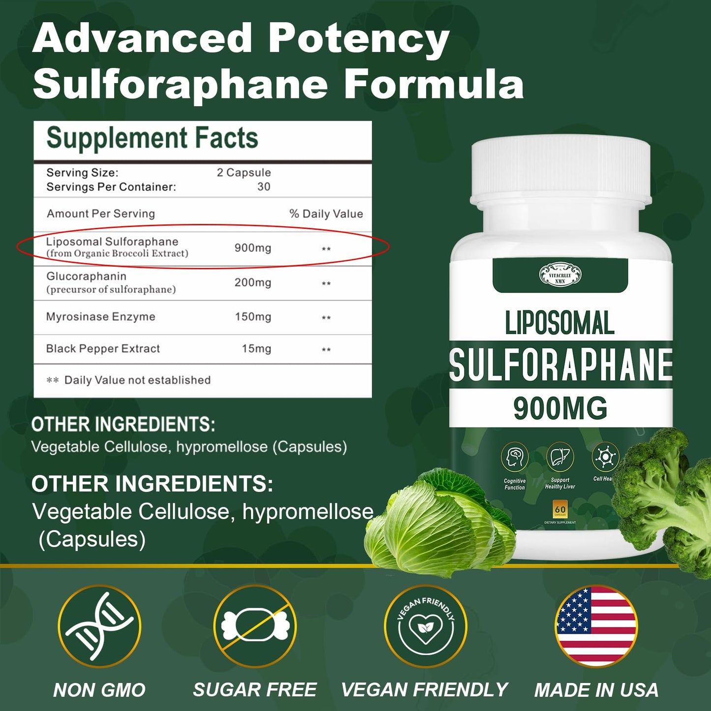 VITACRLLYNMN 900mg Liposomal Sulforaphane Supplement Broccoli Extract Capsules, 60 Count