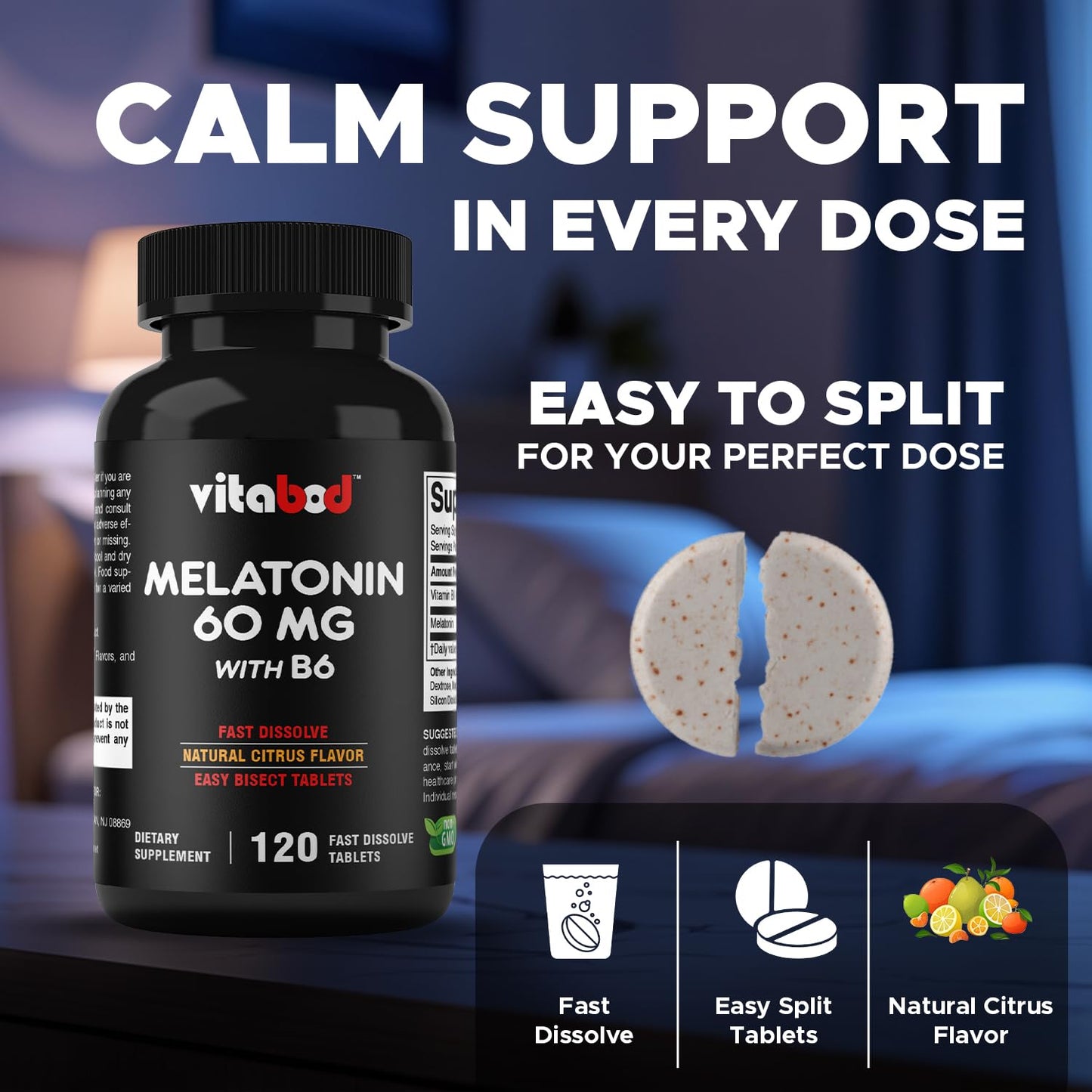 Vitabod Melatonin 60 mg with Vitamin B6 Tablet, 120 Count
