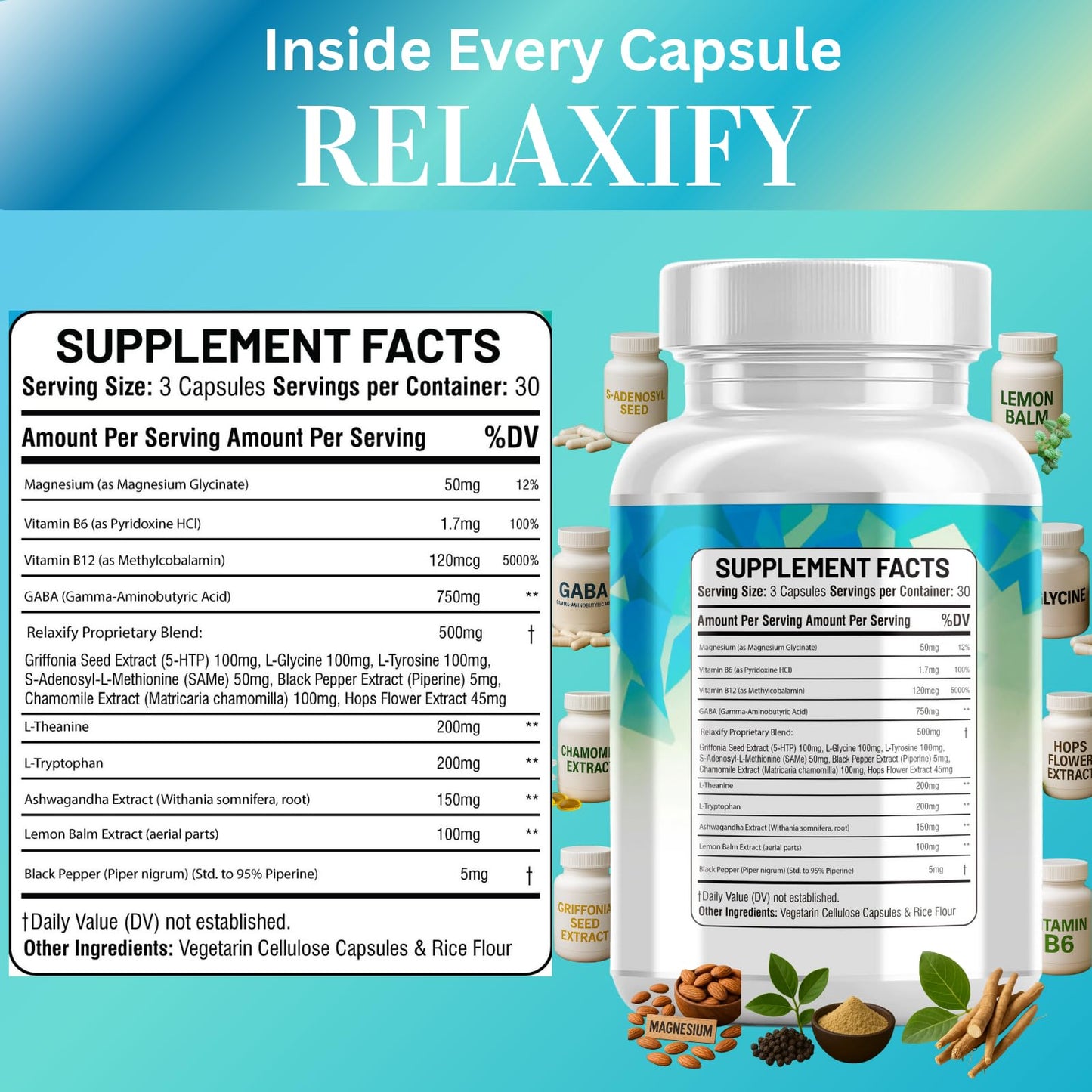 Kun Shafi GABA 750mg, 5-HTP 100mg, L-Tryptophan, L-Theanine, Ashwagandha, SAM-e, L-Glycine-Mood Support Vitamins for Women and Men with L-Tyrosine, S-Adenosy, L-Methionine 90 Capsules