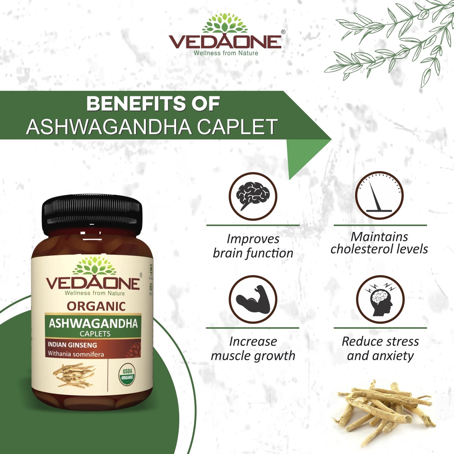 VEDAONE Organic Ashwagandha Caplets 750mg, 60 Caplets