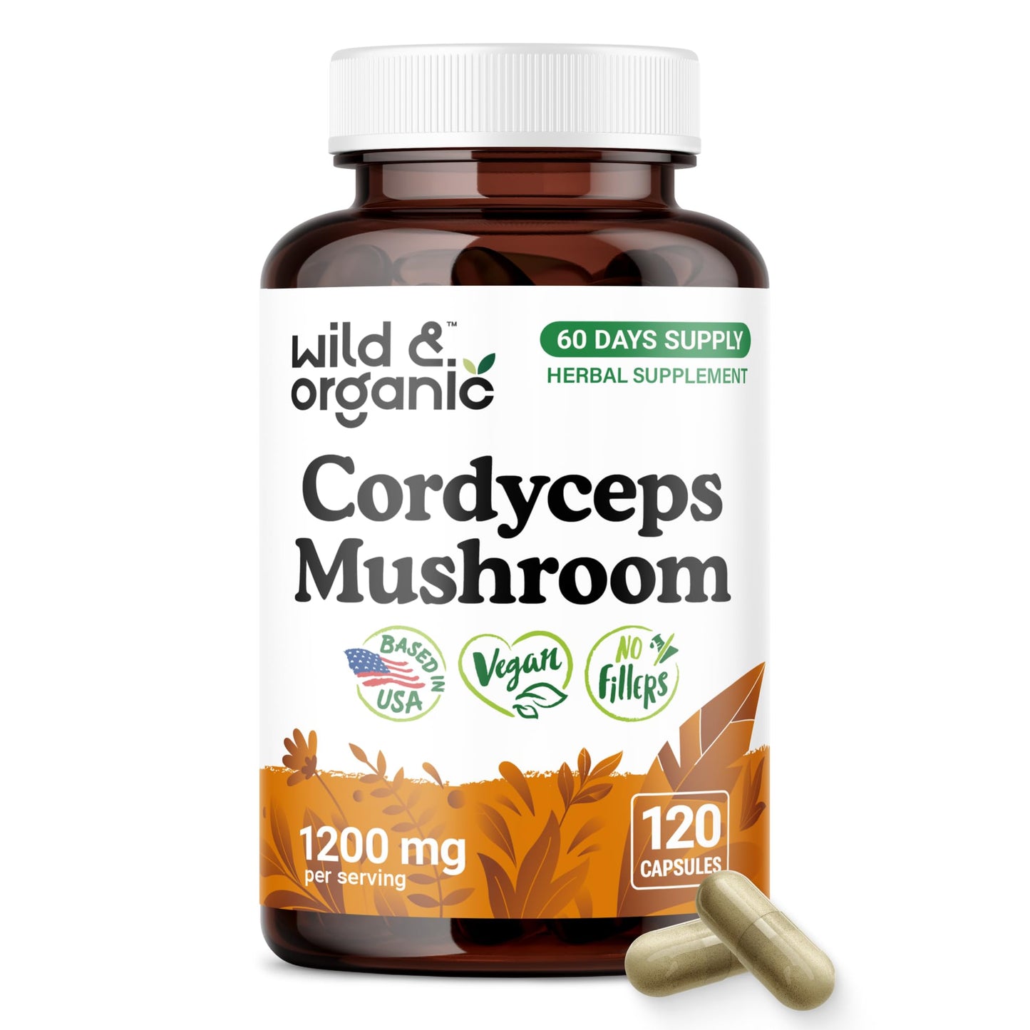 Wild & Organic Cordyceps Mushroom Capsules 1200 mg, 120 Capsules