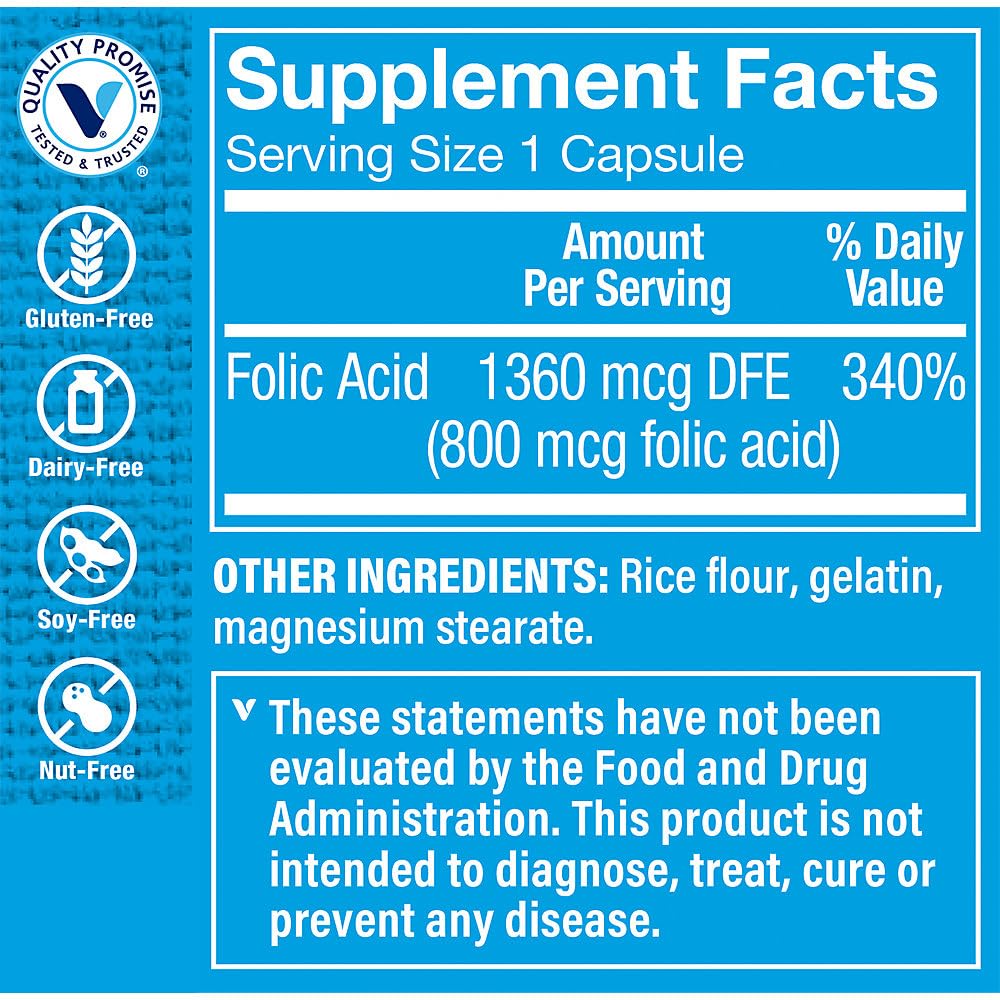 The Vitamin Shoppe Folic Acid 800MCG Capsule, 100 Count