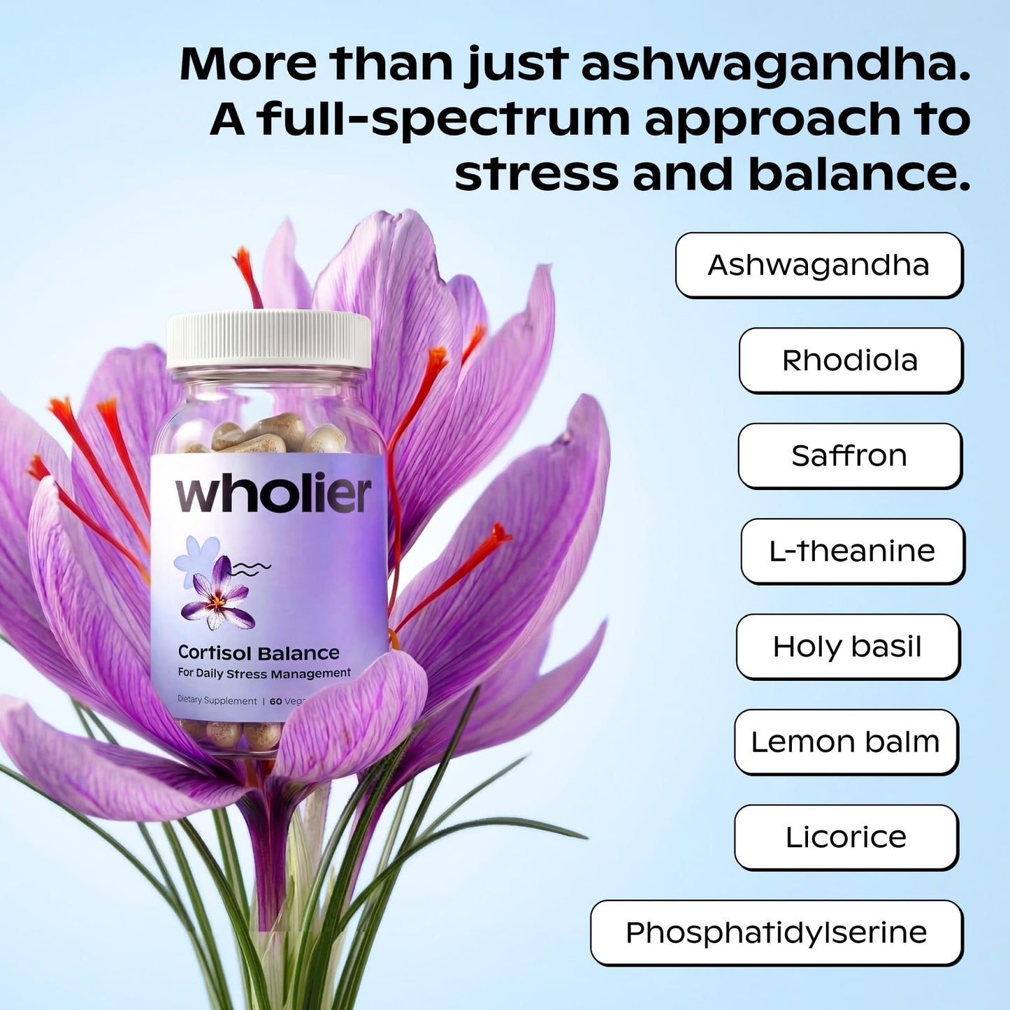 Wholier Cortisol Supplement, Ashwagandha, Rhodiola & Saffron, 60 Capsules