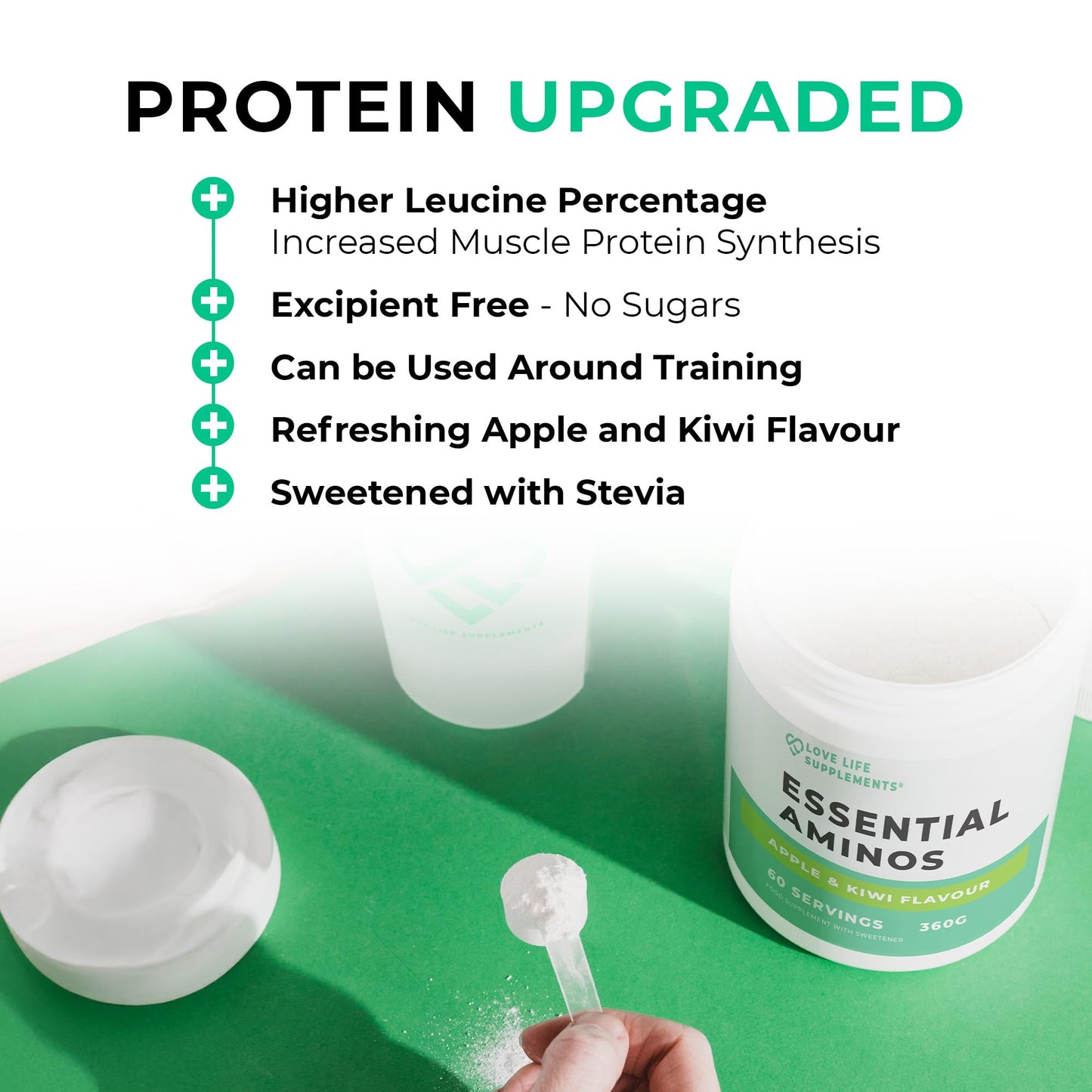 Love Life Supplements Essential Amino Acids Powder, Full Spectrum EAA & BCAA Drink for Muscle Recovery, Apple & Kiwi Flavour, UK Made, 12.28 Ounce