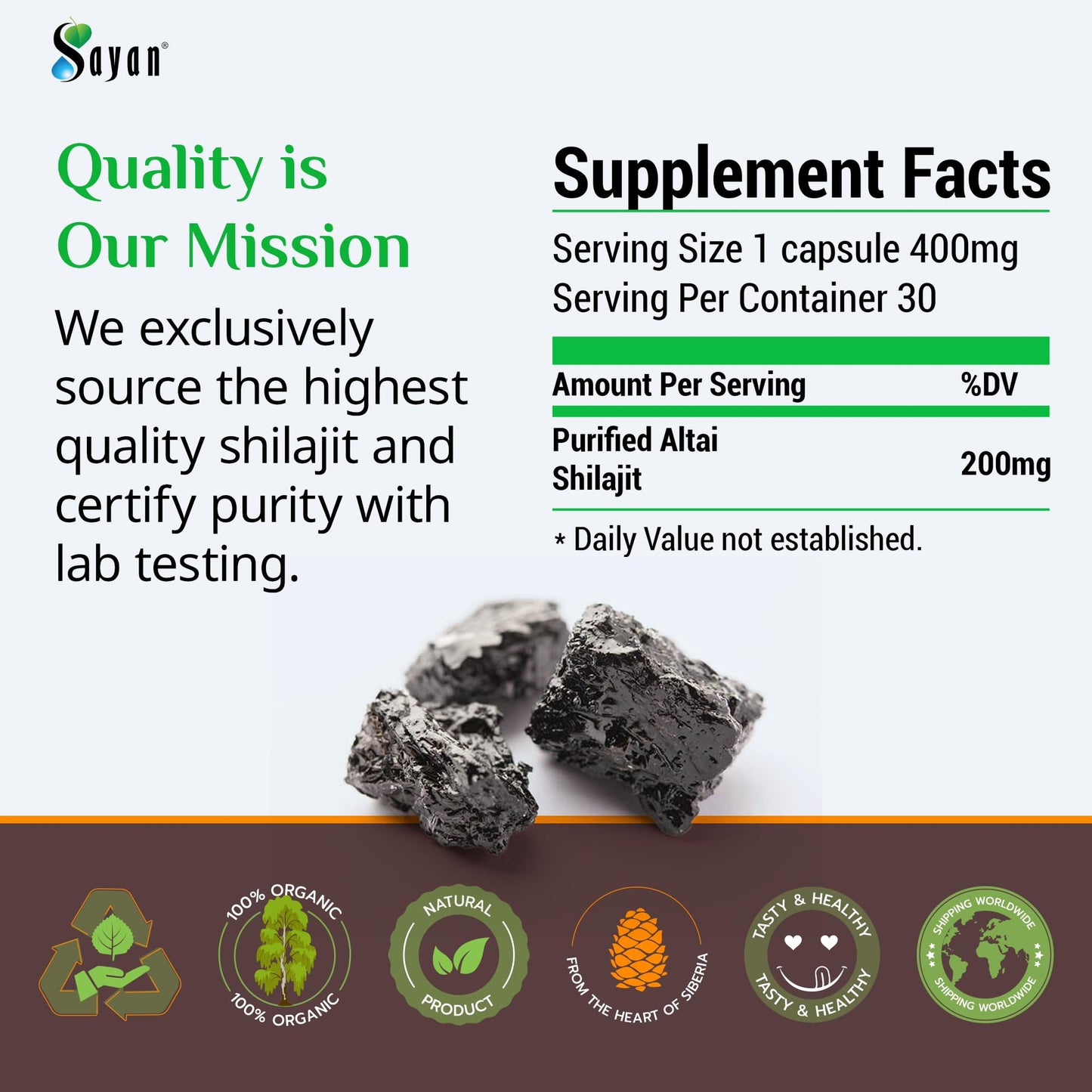 Sayan Shilajit Tablets 100% Pure, 24,000mg High-Potency, 85+ Trace Minerals, Lab-Tested for Purity, 120 Tablets