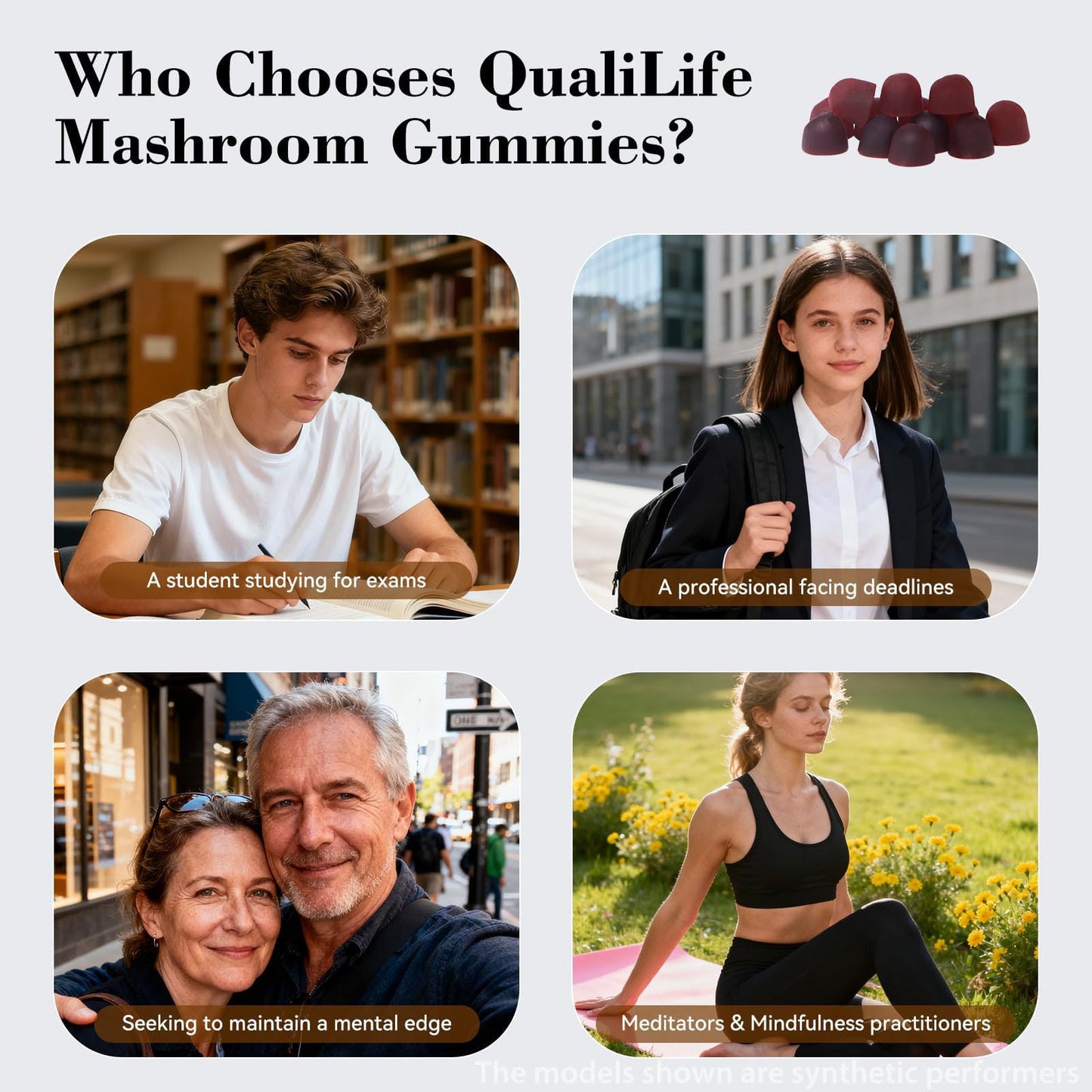 QualiLife Mushroom Gummies with Lion’s Mane, Alpha-GPC & Rhodiola - 12 in 1 Mushroom Complex Supplement with Reishi, Cordyceps, Chaga & Turkey Tail – Brain Focus & Memory Support, 60 Gummies