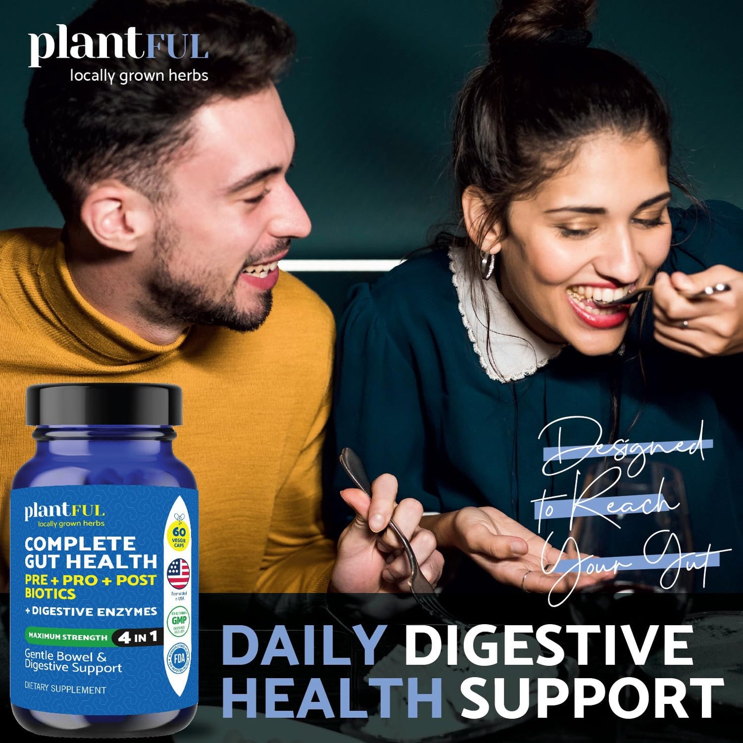 PLANTFUL RESEARCH 4-in-1 Pre Post Probiotics & Digestive Enzymes - Complete Gut Health & Digestive Support for Women & Men - Prebiotic Probiotic & Postbiotic Gas & Bloating Relief, 60 Non-GMO Capsules