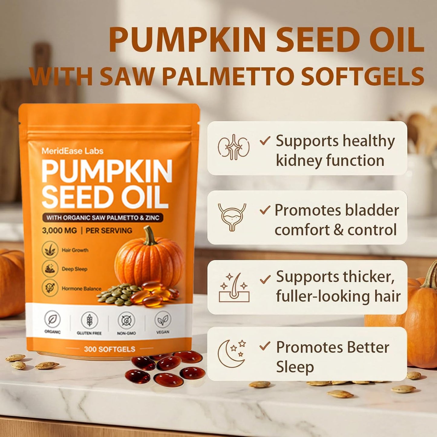Guluxly Pumpkin Seed Oil Softgels with Natural Phytosterols & Essential Fatty Acids, Cold Pressed Formula for Urinary Health, Hair & Skin Support, Non-GMO Daily Wellness Supplement, 300 Softgels