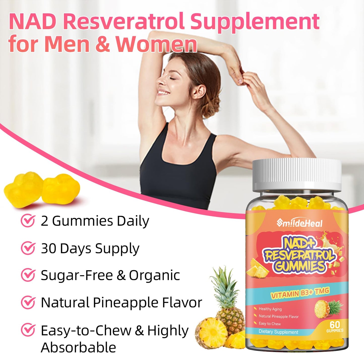 SmildeHeal NAD+ Resveratrol Gummies – NAD+ Supplement 500mg with Vitamin B3 & TMG – Healthy Aging, Energy & Cellular Health Support – Vegan Friendly, Natural Pectin – 60 Gummies