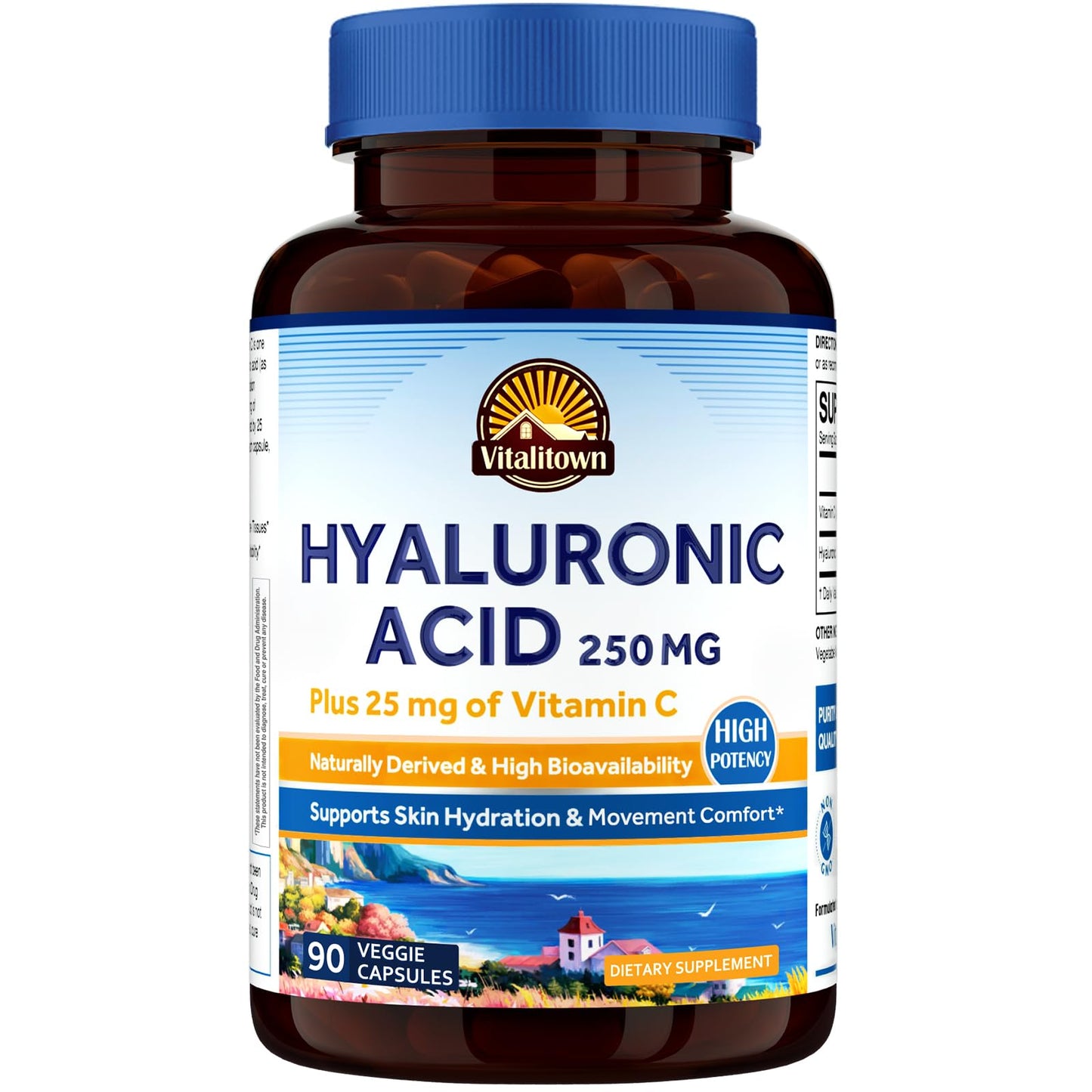 Vitalitown Hyaluronic Acid Supplements 250 mg, Plus 25 mg Vitamin C, Capsules, 90 Count