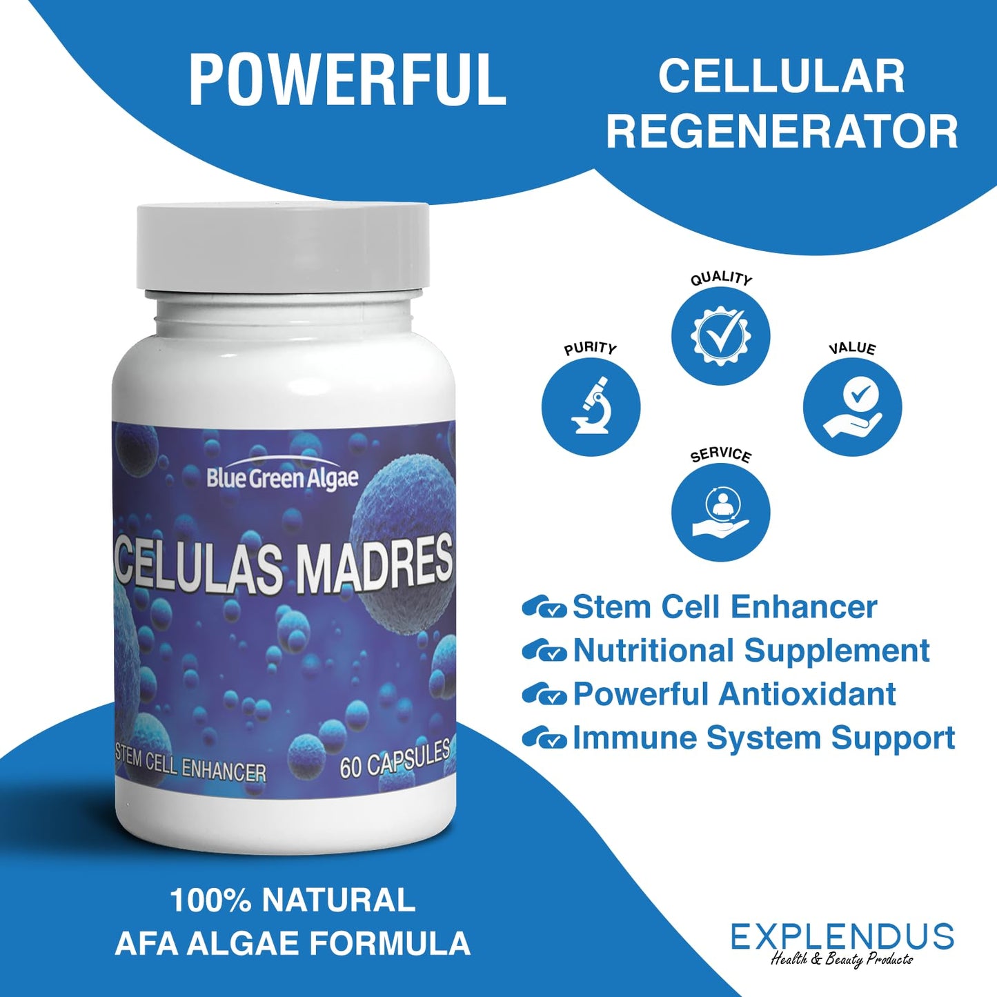 Generic Stem Cell - Celulas Madres Supplement for Anti-Aging & Longevity Non-GMO Gluten-Free Vegetarian Capsules 60 Count