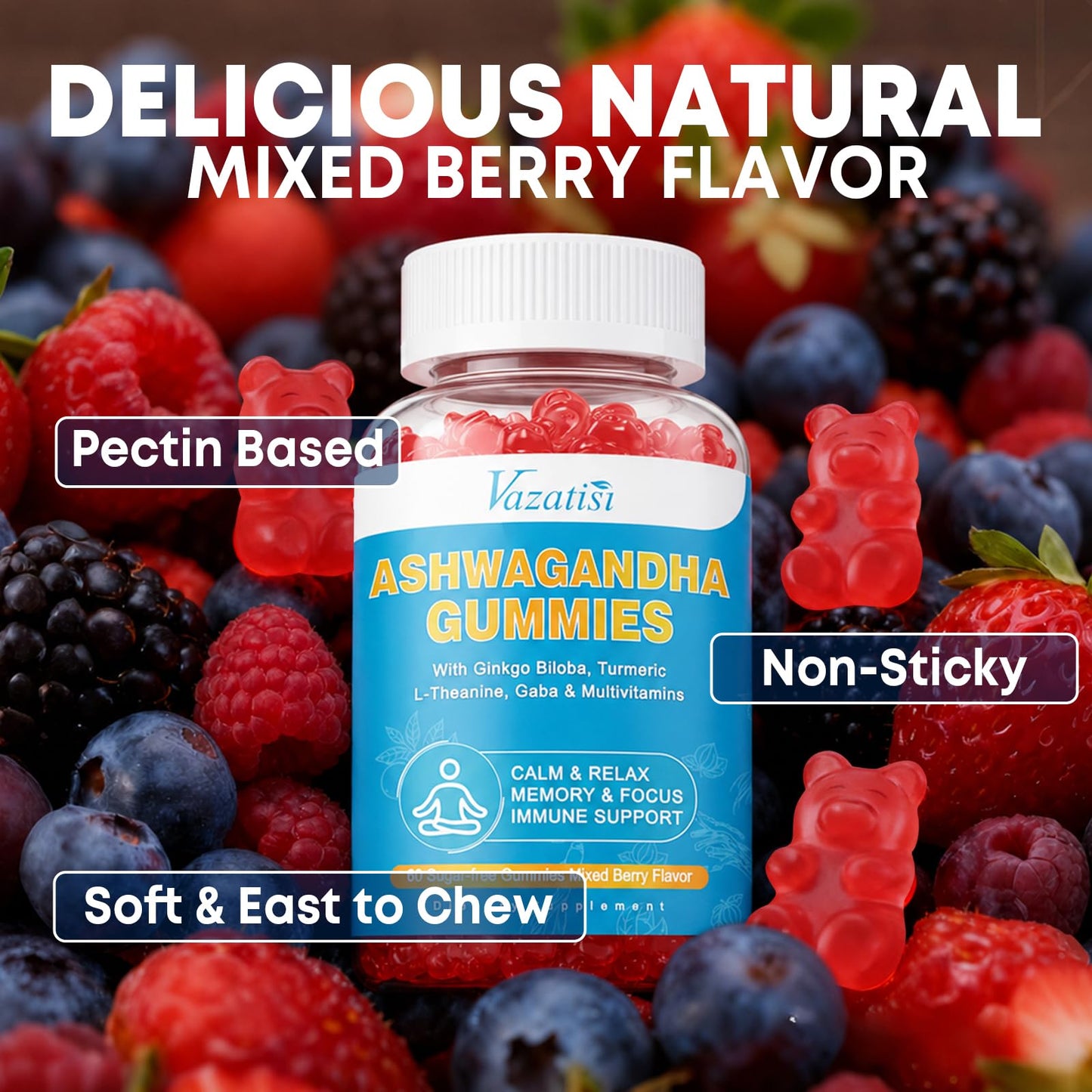 Vazatisi Ashwagandha Gummies with Turmeric GABA Mood Energy and Immune Support, Mixed Berry Flavor, 60 Gummies