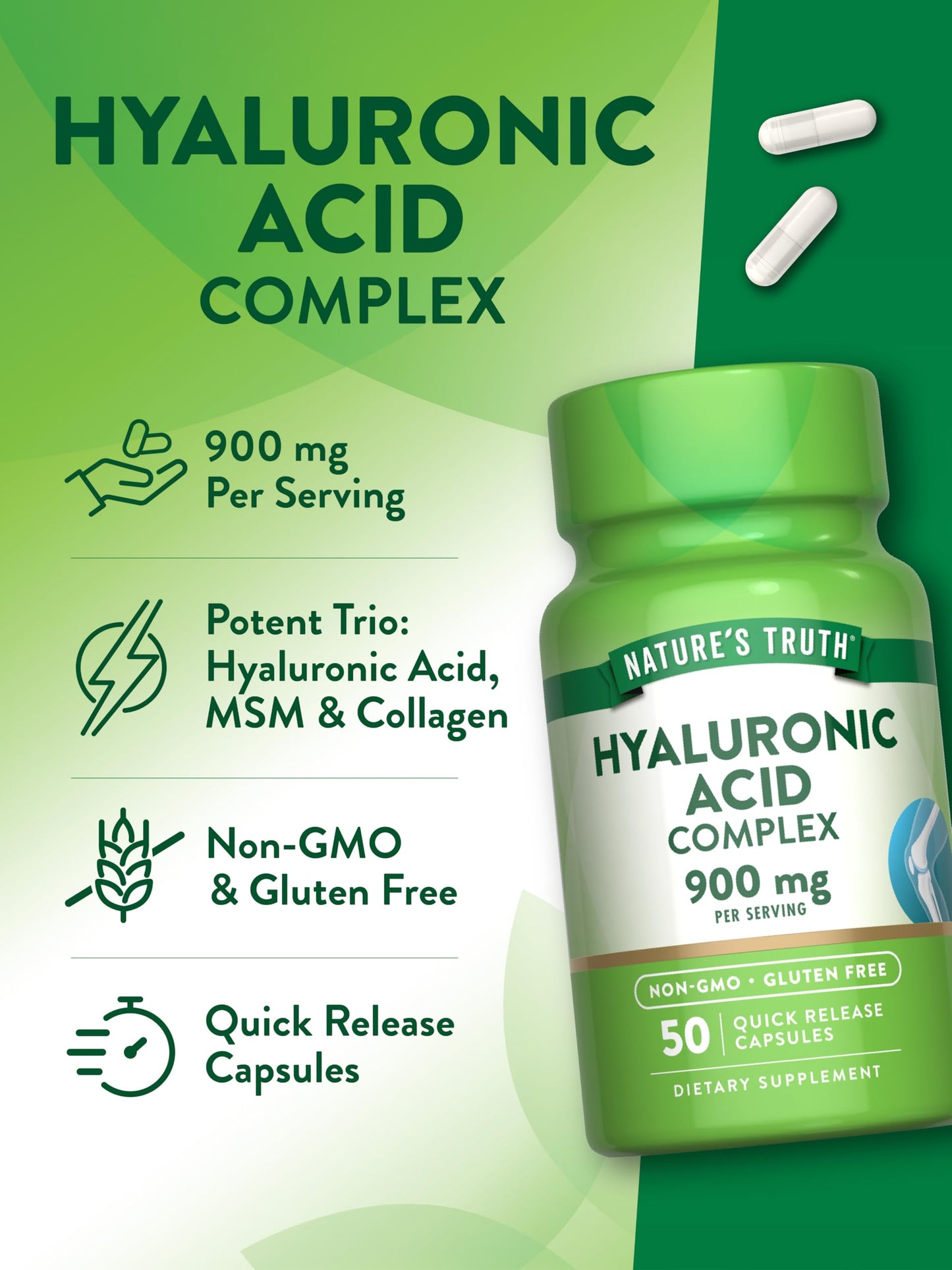 Nature's Truth Hyaluronic Acid with Collagen & MSM 900mg Capsule, 50 Capsules, Non-GMO & Gluten Free