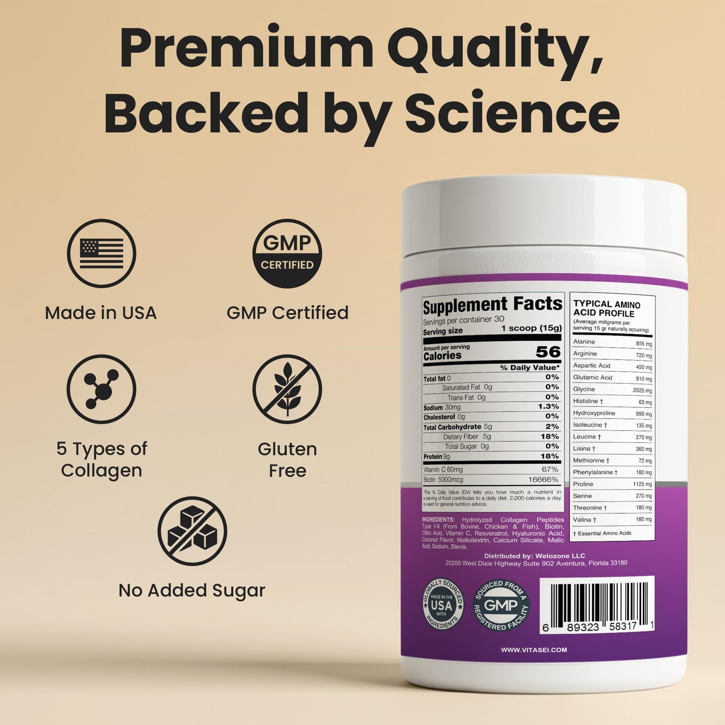 VITASEI Collagen Peptides Powder – Hydrolyzed Collagen with Resveratrol, Vitamin C & Hyaluronic Acid – Hair, Skin, Nails & Joint Support – Coconut Flavor, 16 oz