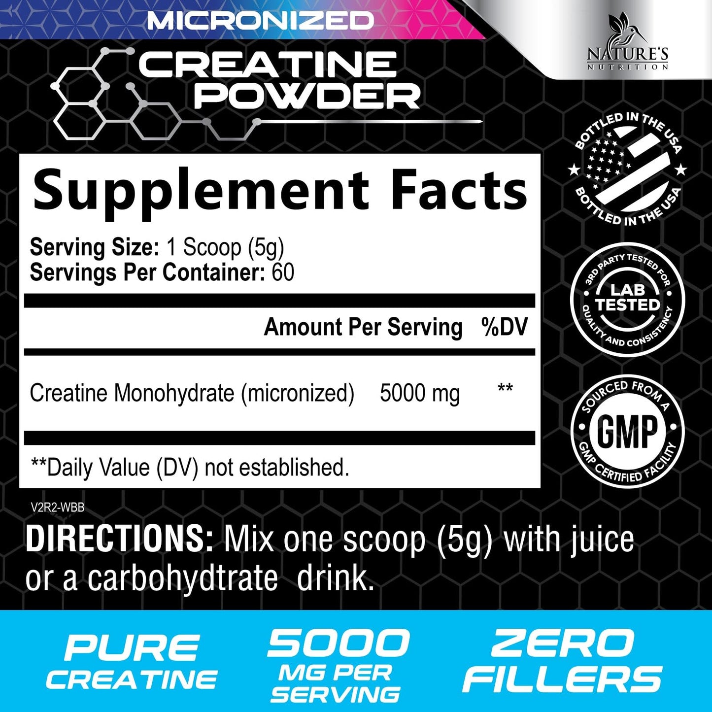 Nature's Nutrition Creatine Monohydrate Micronized 5000mg Per Serving - Performance Powder Creatine Nutritional Supplement - For Muscle Strength & Energy Support, Unflavored Monohydrate Powder - USA Bottled - 60 Servings