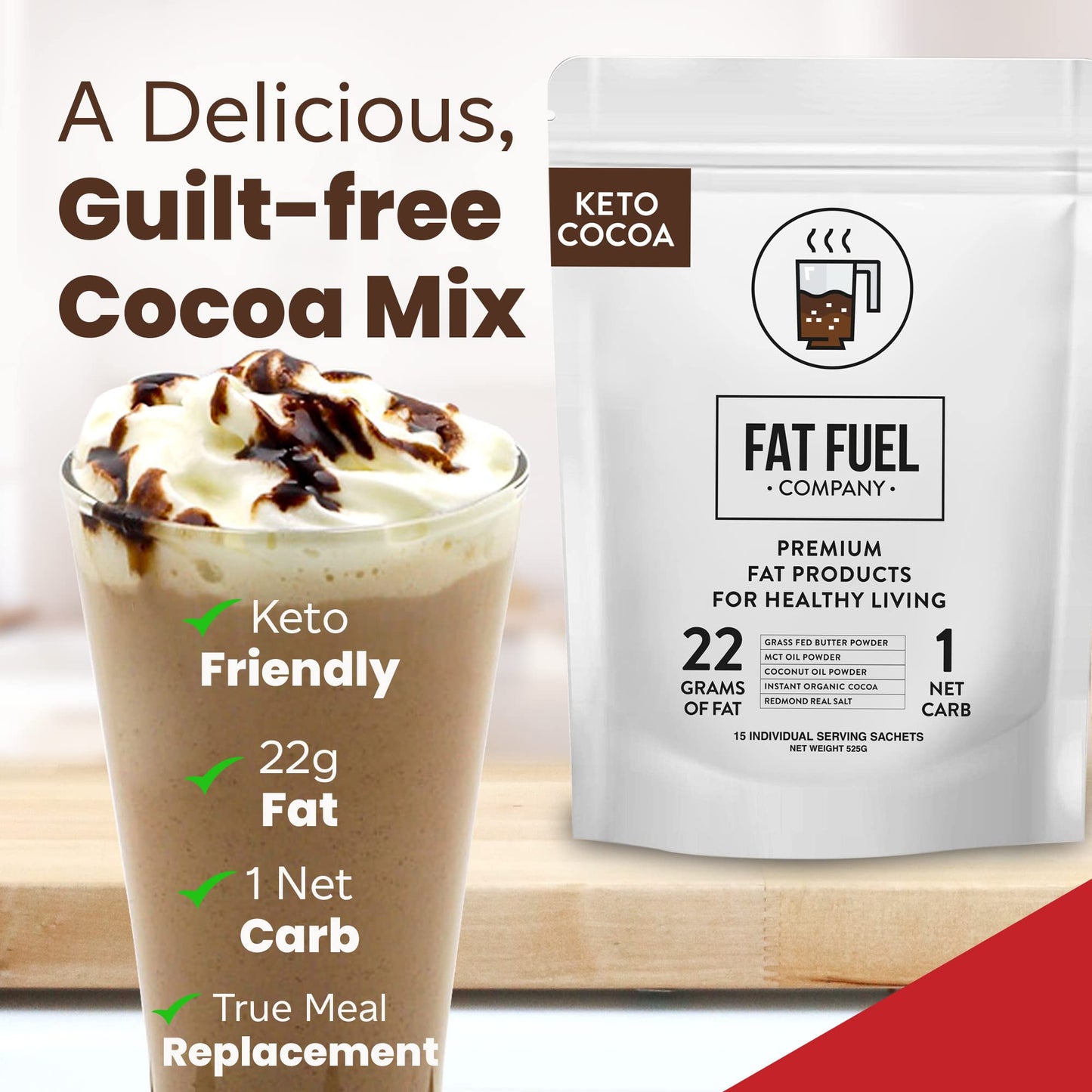 The Fat Fuel Company Keto Cocoa 22g Premium Fats Powder, 15 Servings