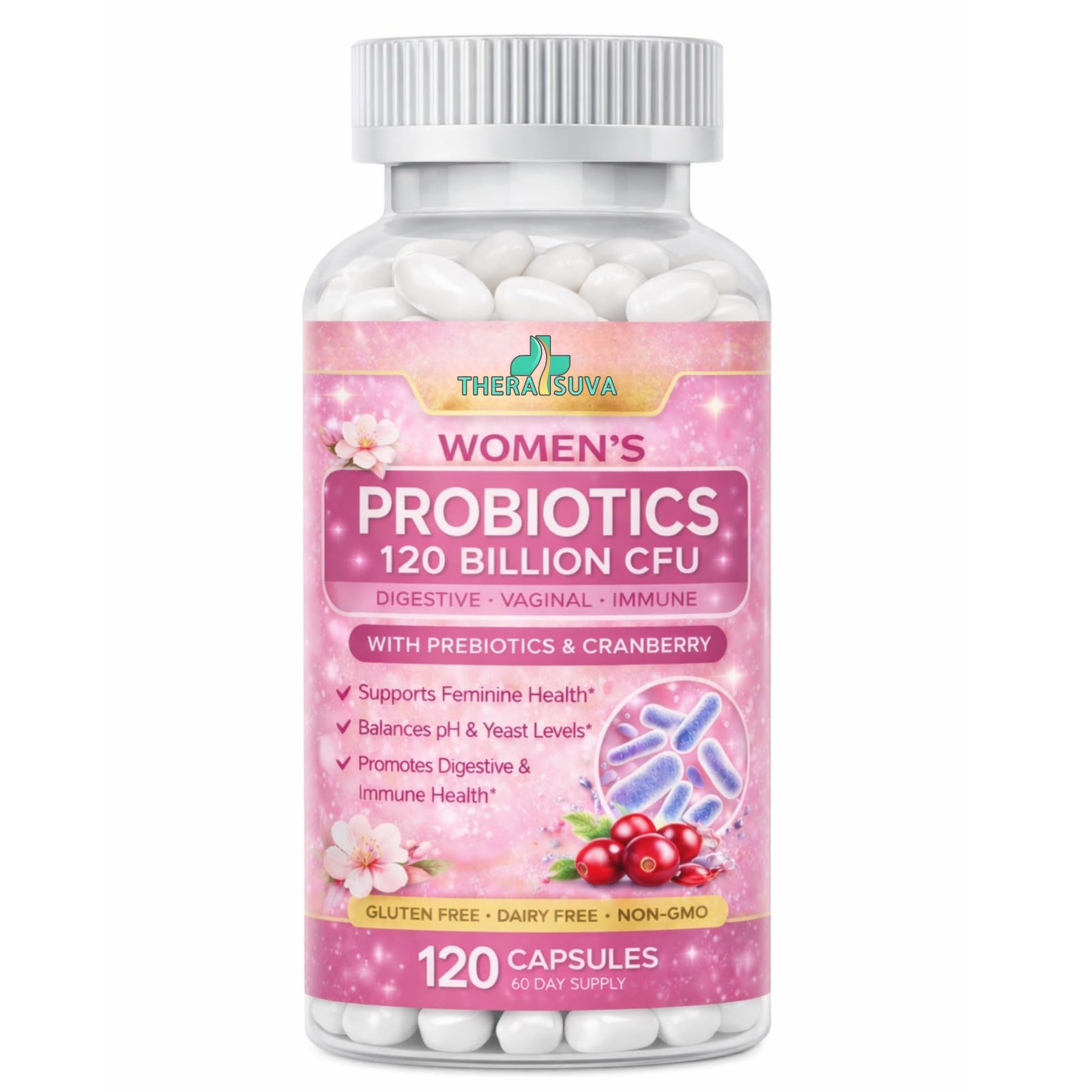 TheraSuva Women’s Advanced Probiotics 120 Billion CFU (36 Strains) with Prebiotics, Enzymes & Cranberry - for Gut, Immune & Feminine Health Support - 2 Month Supply, 120 Softgels