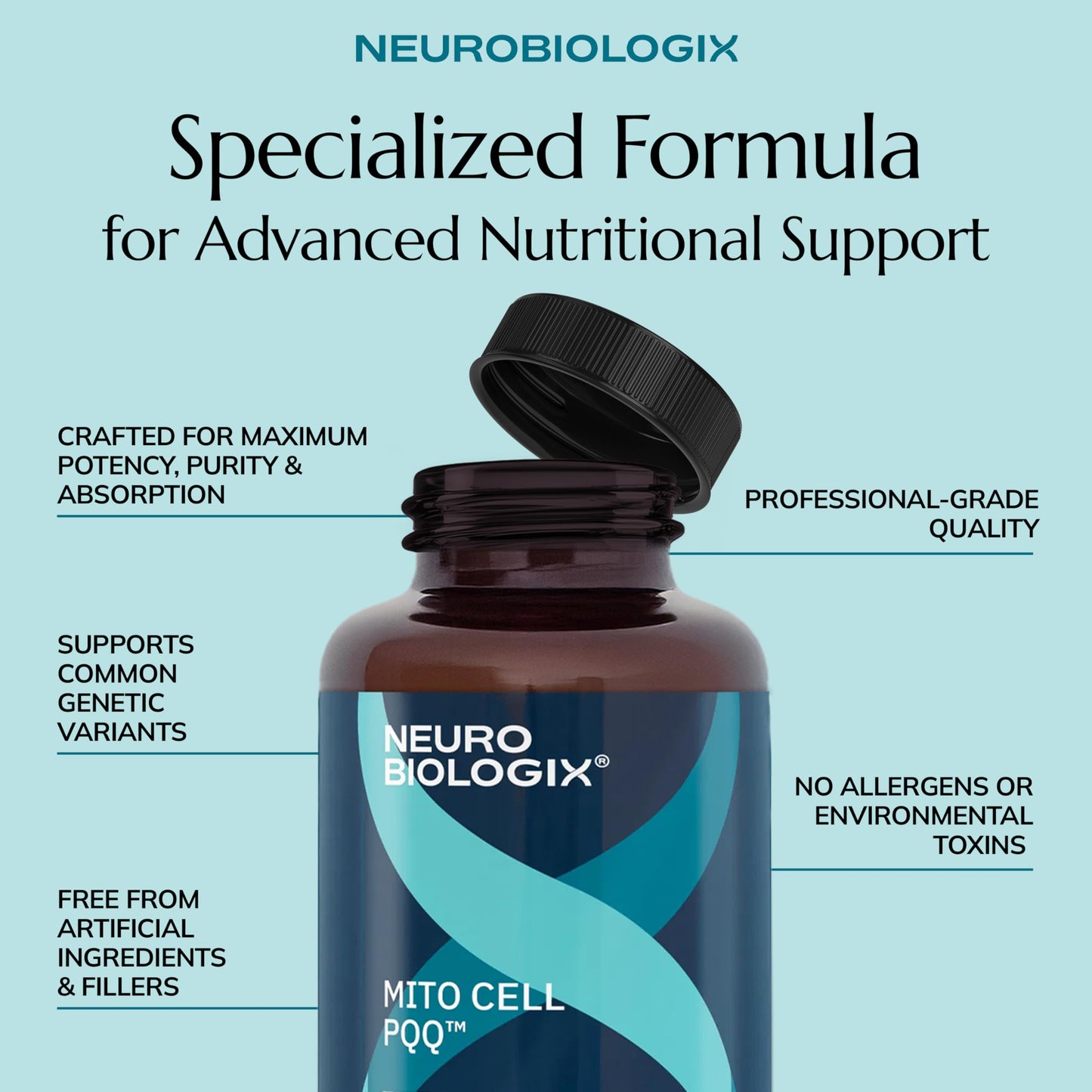 Neurobiologix Mito Cell PQQ Energy & Focus Supplement with CoQ10, Vitamin C, NADH, Acetyl L Carnitine & Antioxidants for Cellular Health & Mitochondrial Support 60 Capsules
