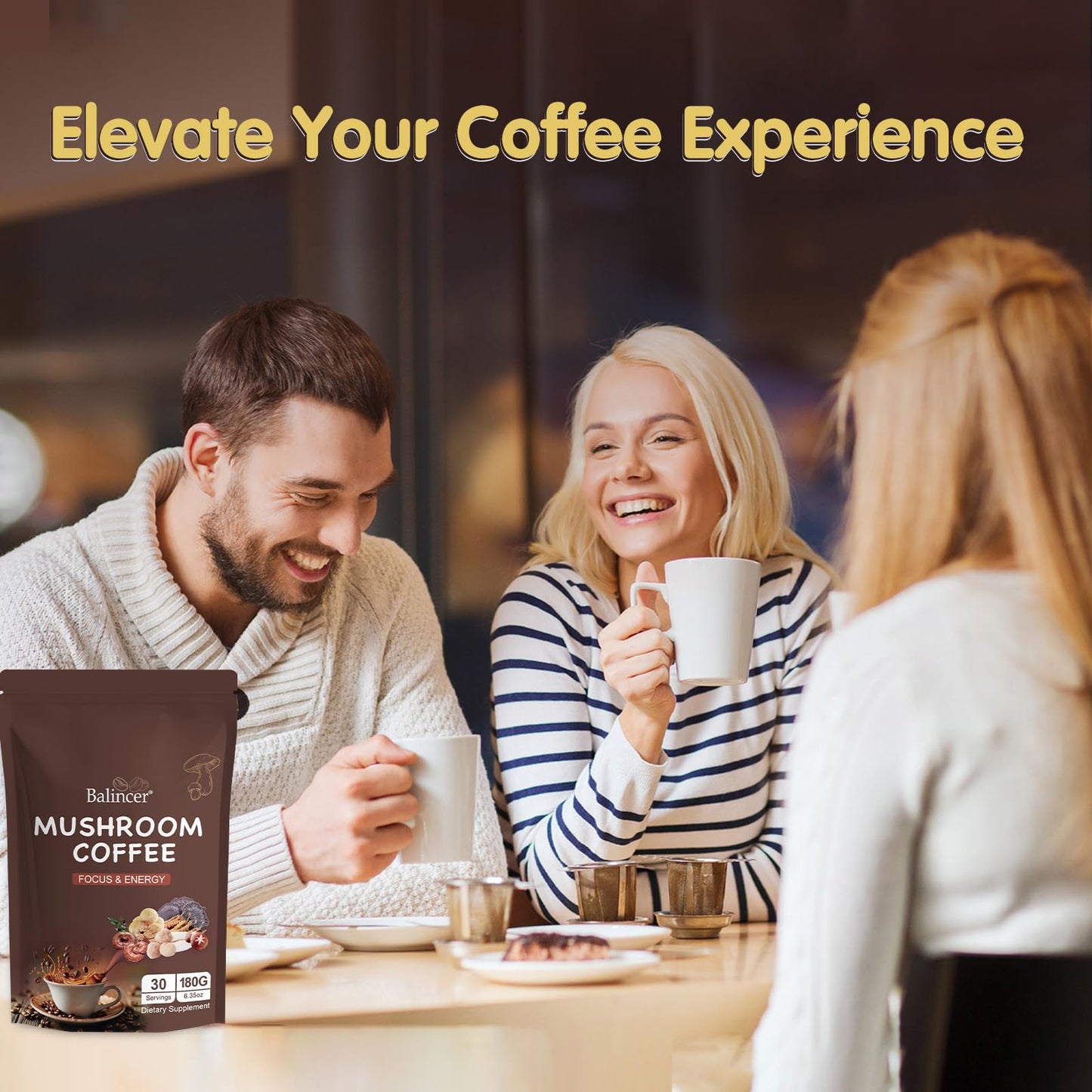 Balincer Mushroom Coffee Powder 6.35 Ounce - 6 Adaptogenic Mushrooms (Lion's Mane, Cordyceps, Turkey Tail & Other)