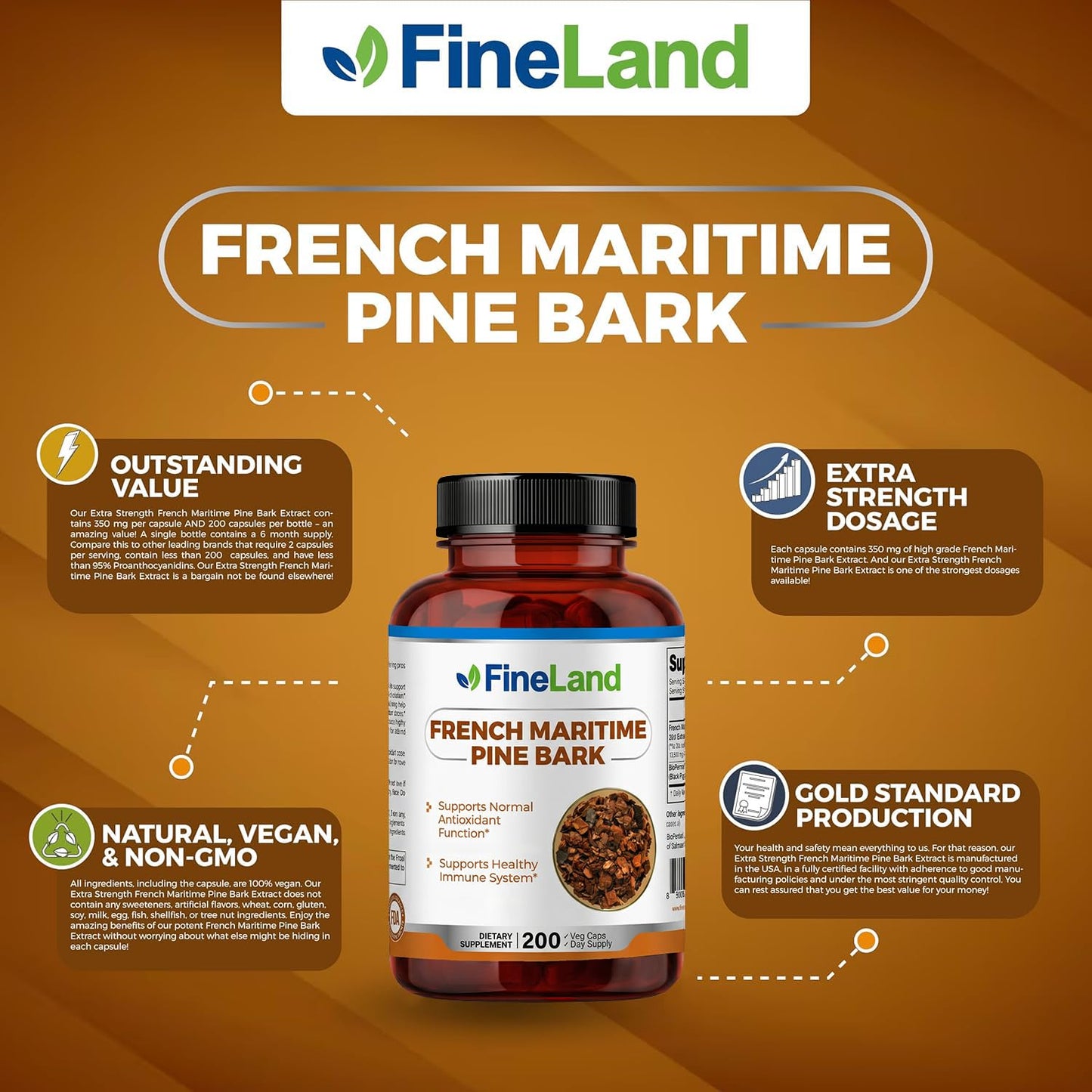 FineLand French Maritime Pine Bark 30:1 Extract Capsules, 200 Count