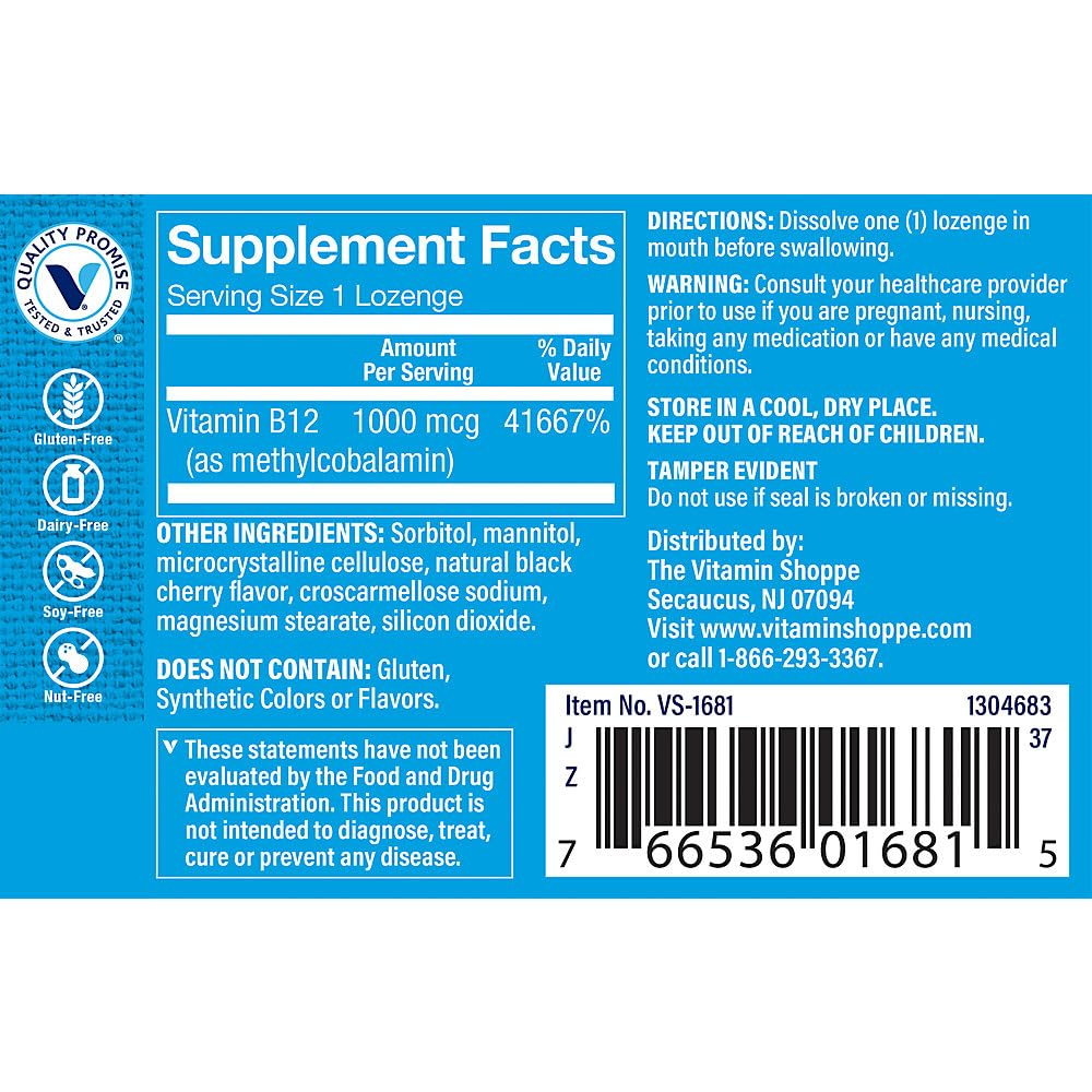 The Vitamin Shoppe Vitamin B12 Methylcobalamin 1,000mcg Lozenges, 60 Count