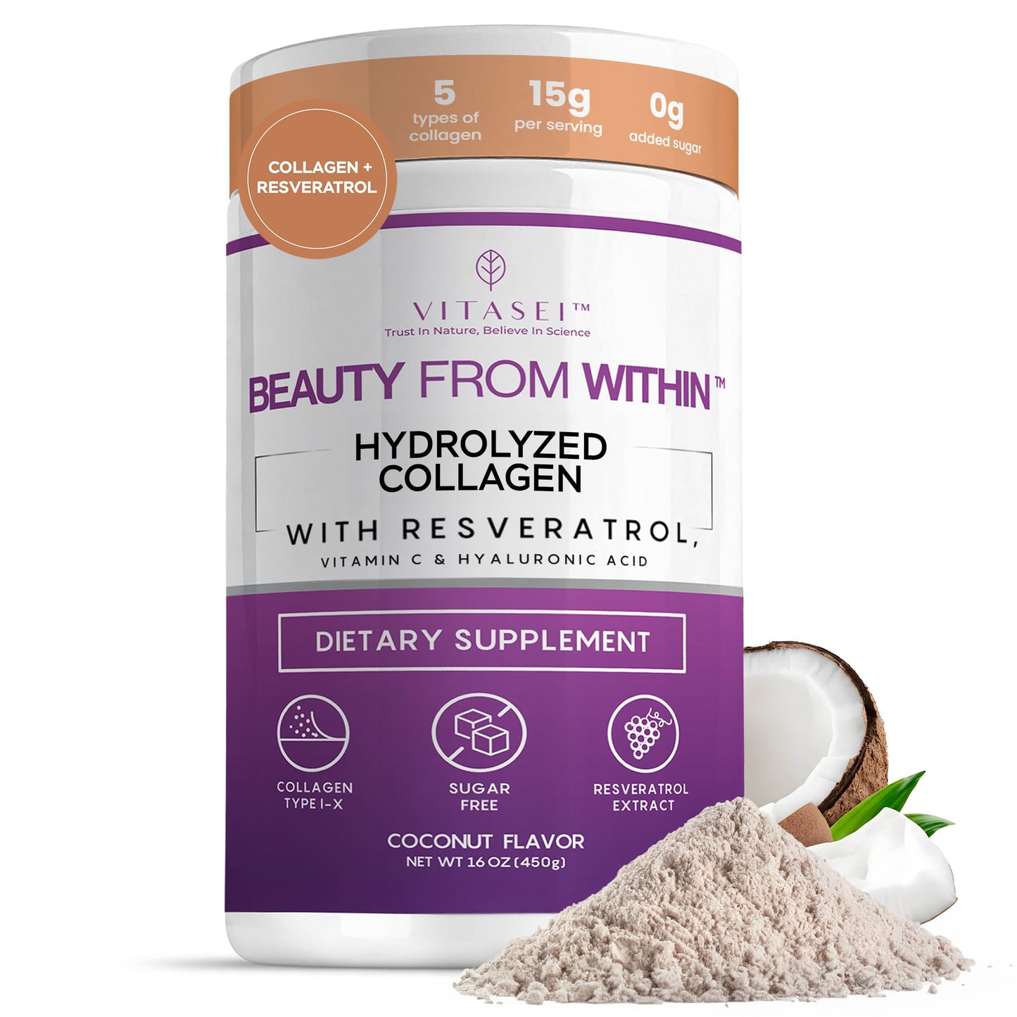 VITASEI Collagen Peptides Powder – Hydrolyzed Collagen with Resveratrol, Vitamin C & Hyaluronic Acid – Hair, Skin, Nails & Joint Support – Coconut Flavor, 16 oz