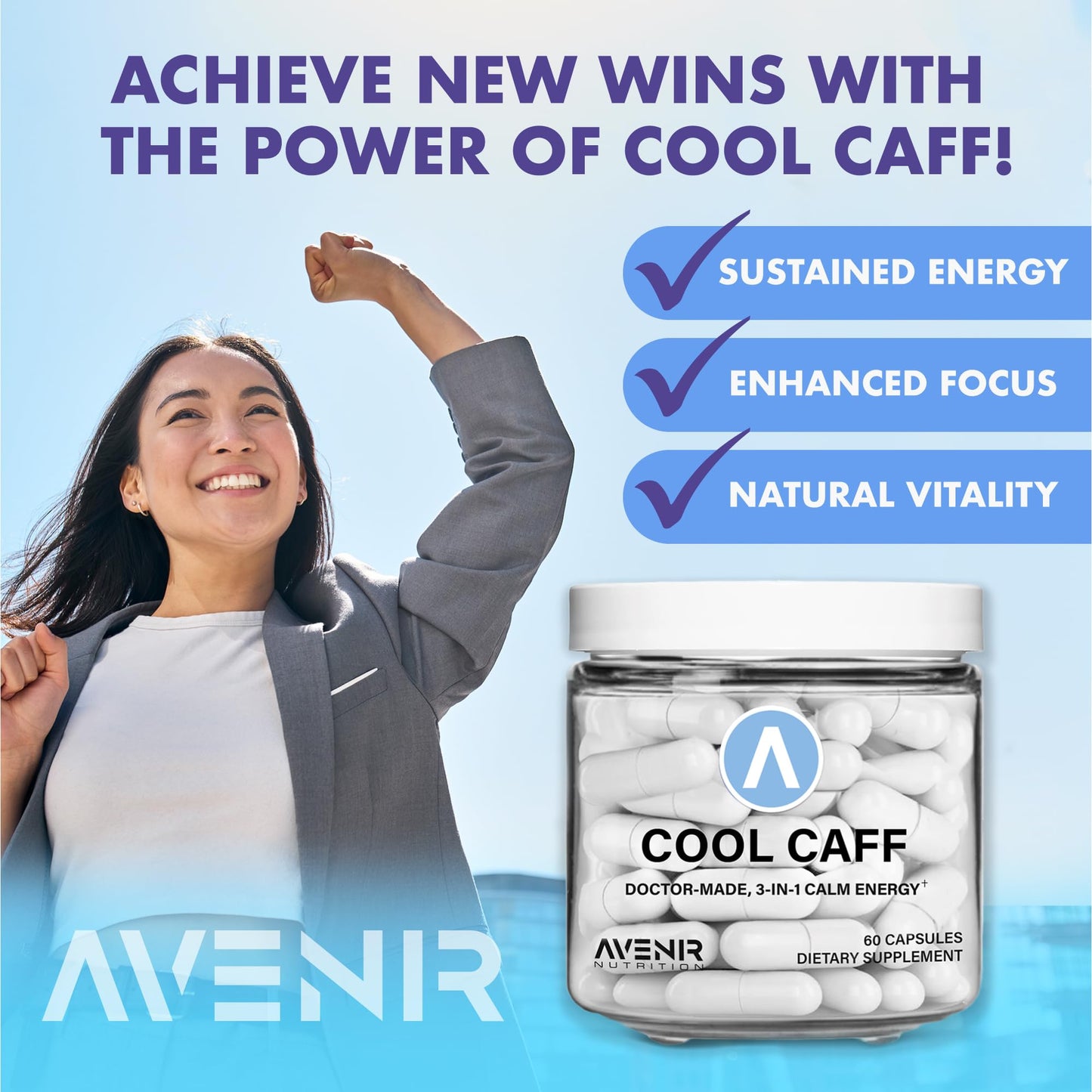Avenir Nutrition Cool Caff Energy Supplements, L-Theanine and Caffeine - Energy Boost and Focus - Pre Workout for Women and Men, Coffee Alternative, 60 Capsules