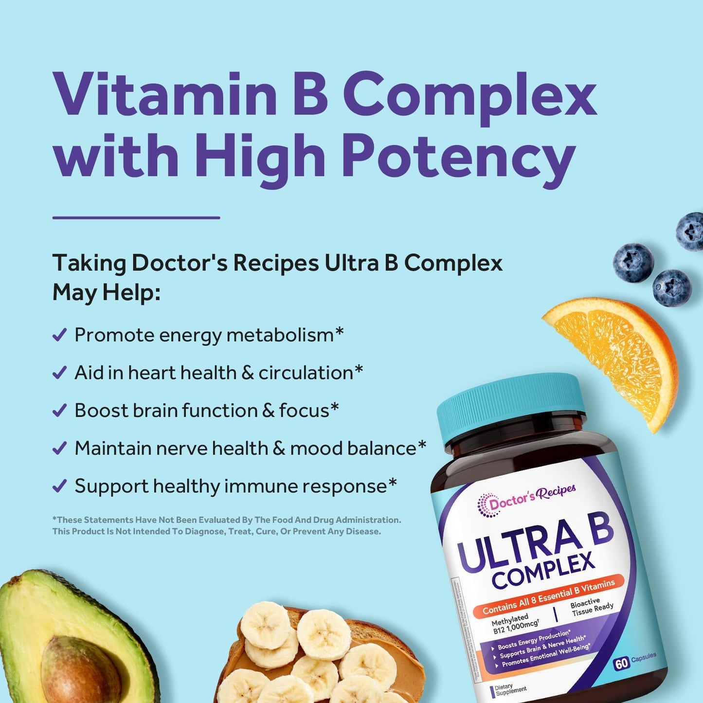 Doctor's Recipes Ultra B Complex Vitamins for Women and Men, with Methylated B12 1000mcg, B6, B1, Folic Acid, 60 Capsules