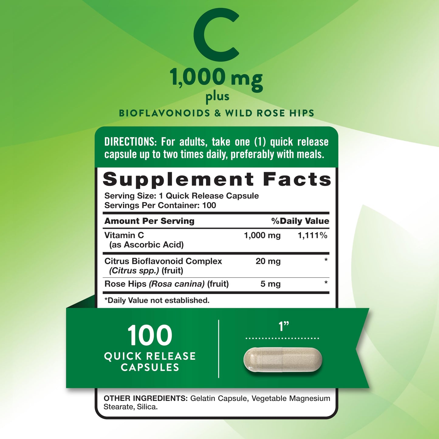 Nature's Truth Vitamin C 1000mg with Wild Rose Hips & Bioflavonoids Capsule, 100 Count