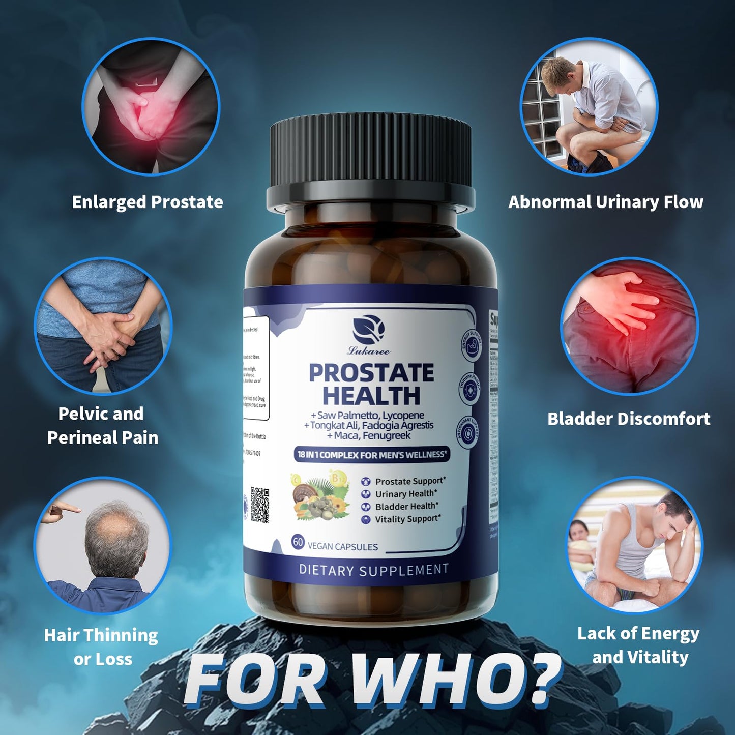 Lukaree Prostate Health Supplements for Men - 18 in 1 Saw Palmetto with Pumpkin Seed & Nettle - Advanced DHT Blocker - Urinary Tract Health Support with Ashwagandha, Reishi, 120 Capsules