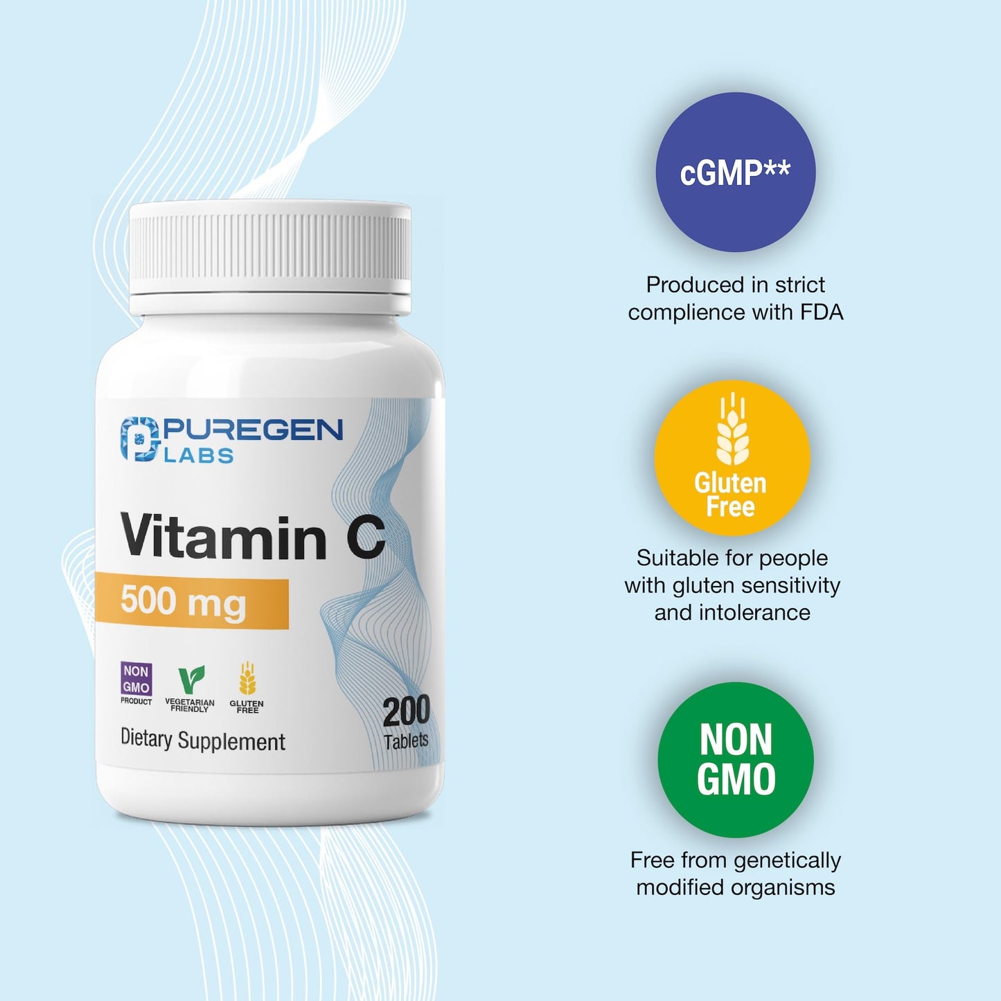 P Puregen Labs Vitamin C 500 MG Tablet, 200 Tablets