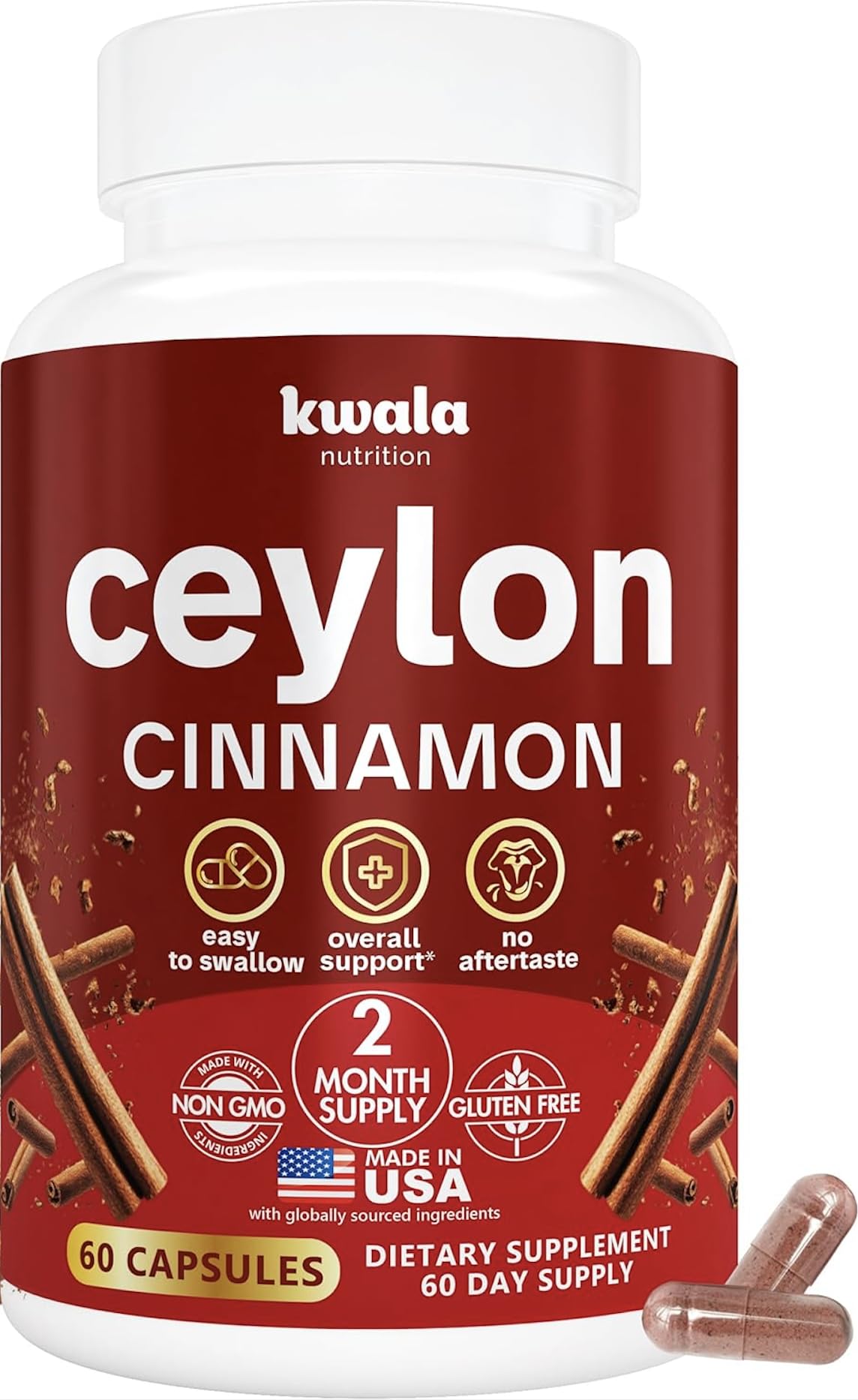Kwala Nutrition Ceylon Cinnamon Supplement Capsules, 60 Count