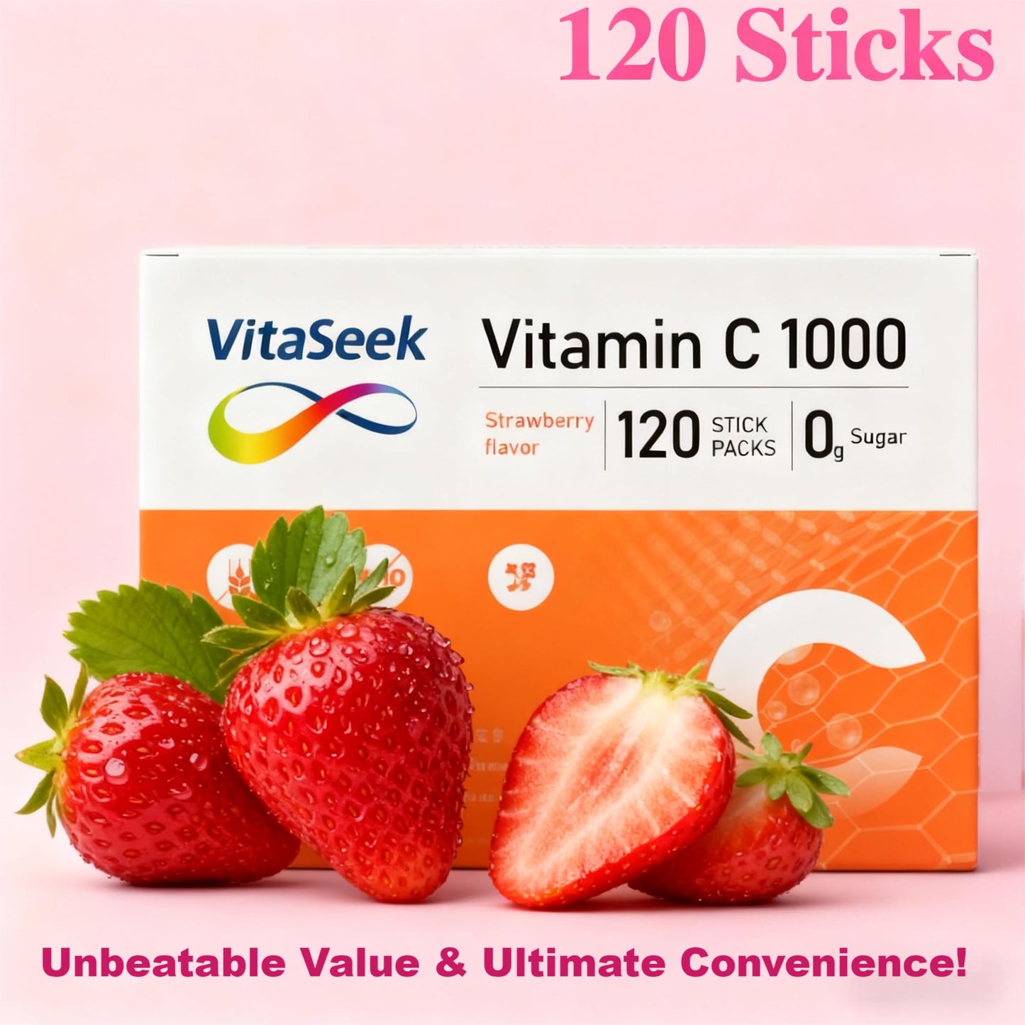 VitaSeek Vitamin C Powder 1000mg, Sugar Free Strawberry Flavor, 120 Packets