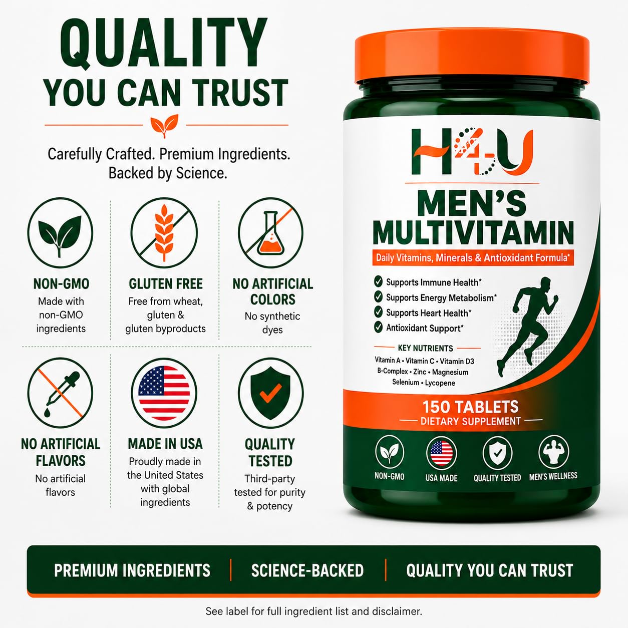 H4U Men's Multivitamin Tablets, 150 Count