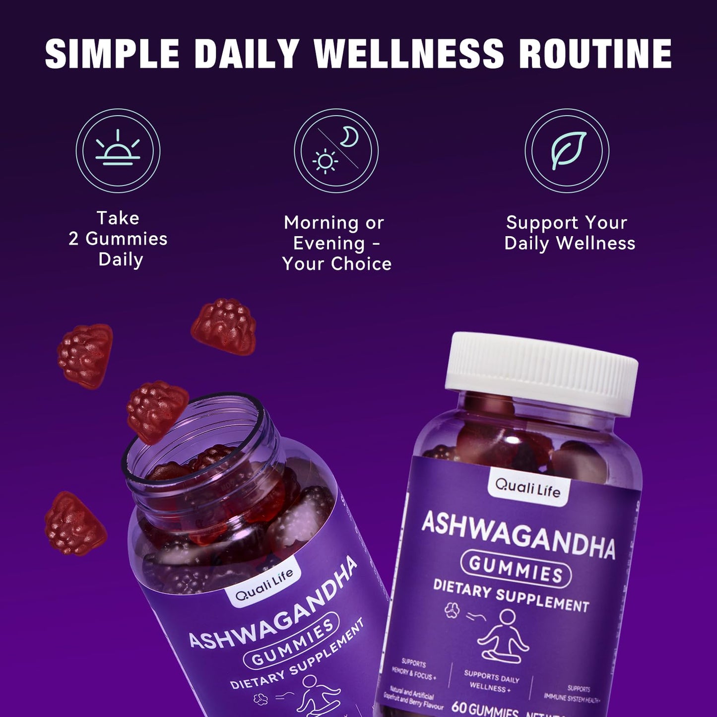 QualiLife Ashwagandha Gummies for Relax & Cortisol Support, 60 Gummies