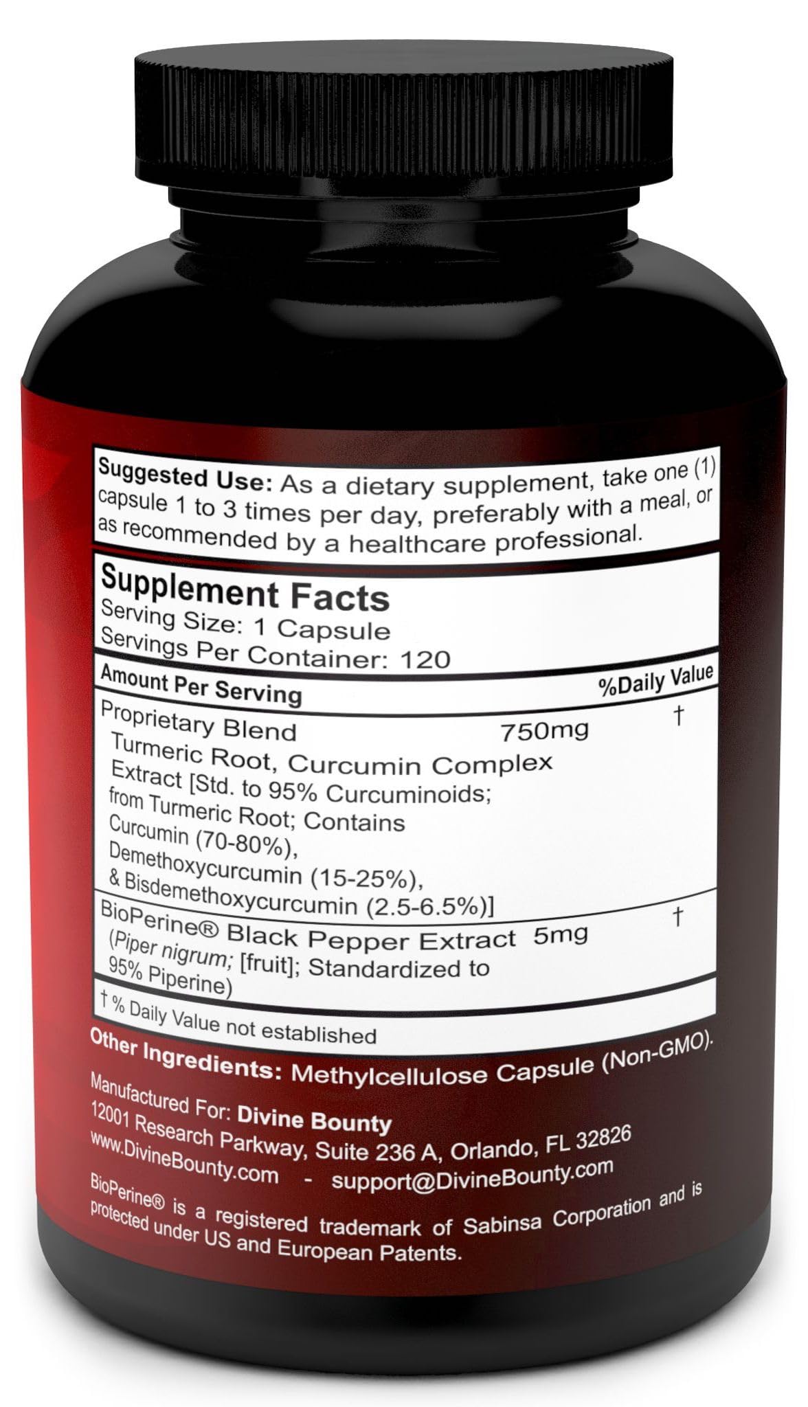 Divine Bounty Turmeric Curcumin with BioPerine Black Pepper Extract Capsules 120 Count