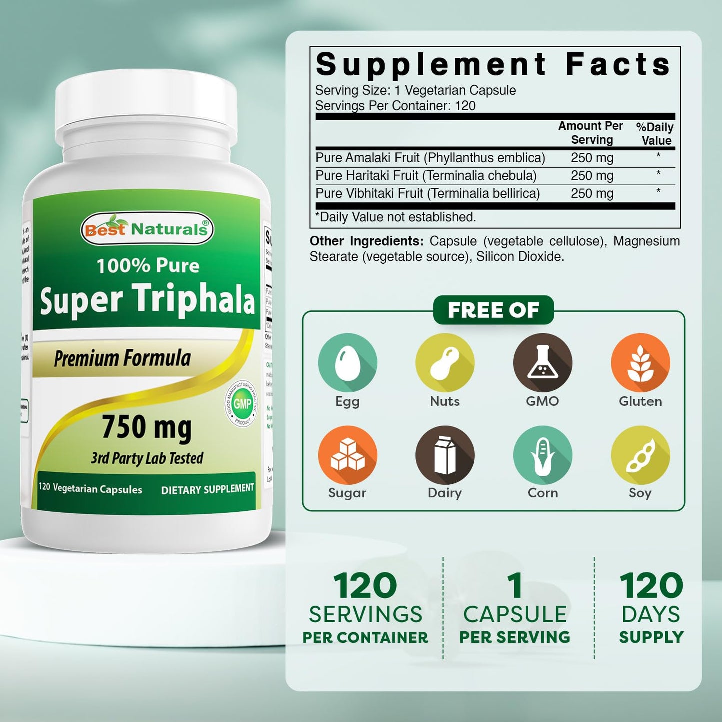 Best Naturals Triphala 750 mg Capsules 120 Count