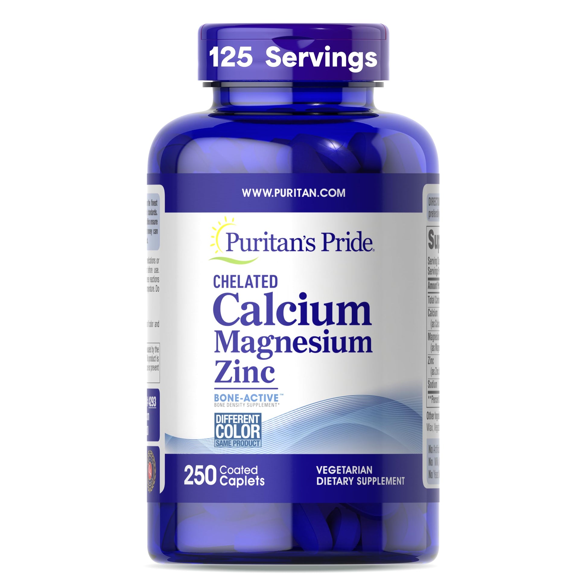 Puritan's Pride Premium Chelated Calcium Magnesium Zinc with Bone-Active Dietary Supplement for Bone Health and Immune Function Support, 250 Capsules