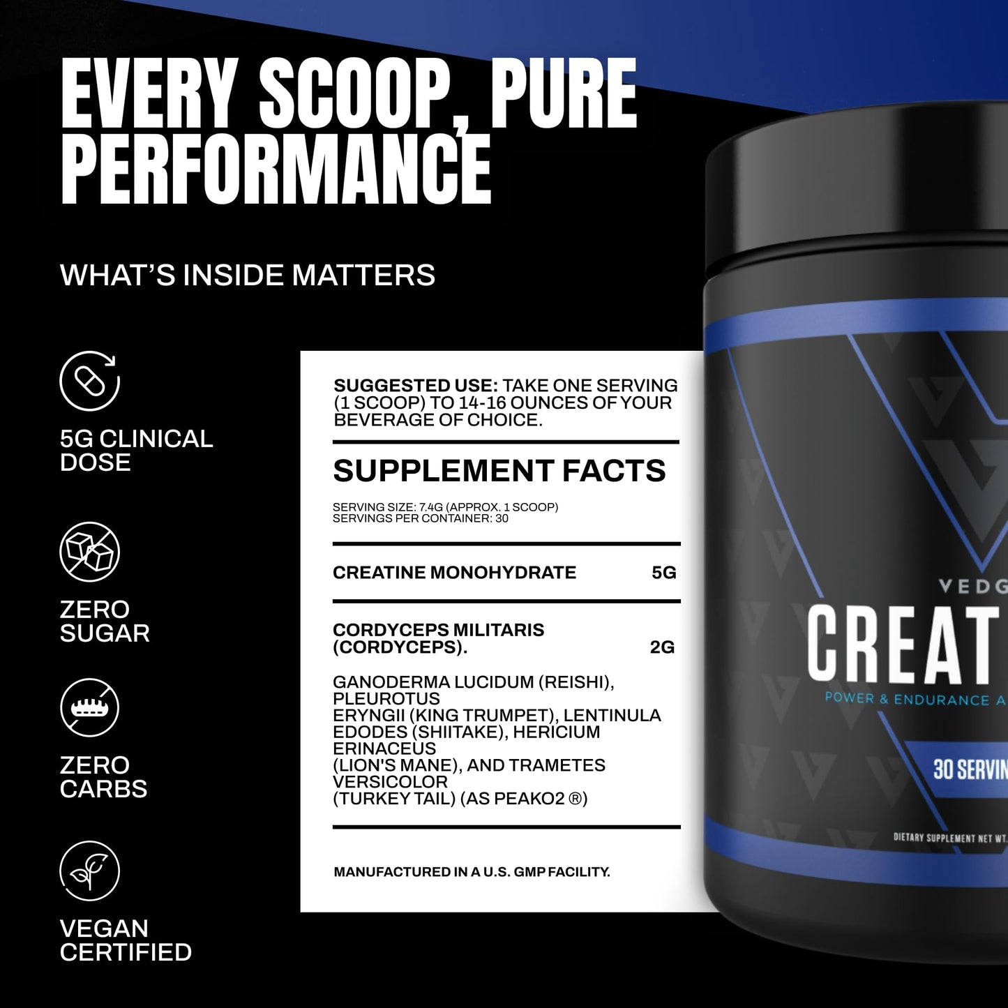 VEDGE Creatine Monohydrate, with PeakO2 Organic Mushroom Blend Powder 7.83 Ounce
