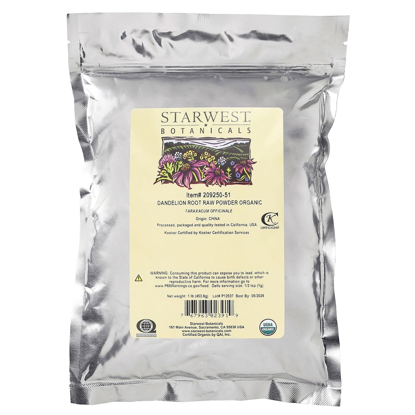 Starwest Botanicals Organic Dandelion Root Raw Powder, 16 Ounce