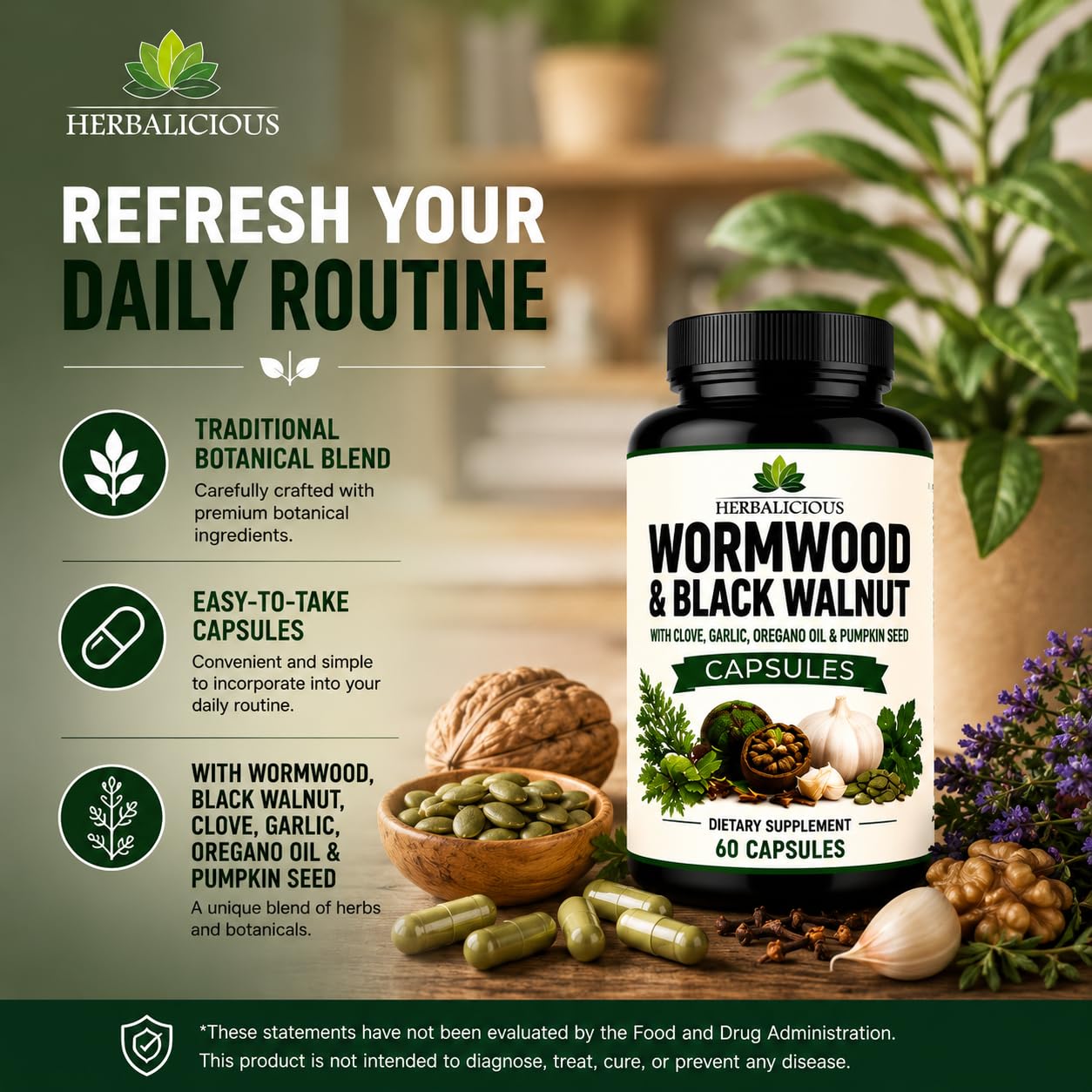 HERBALICIOUS Wormwood Black Walnut Clove Parasite Cleanse 60 Capsules