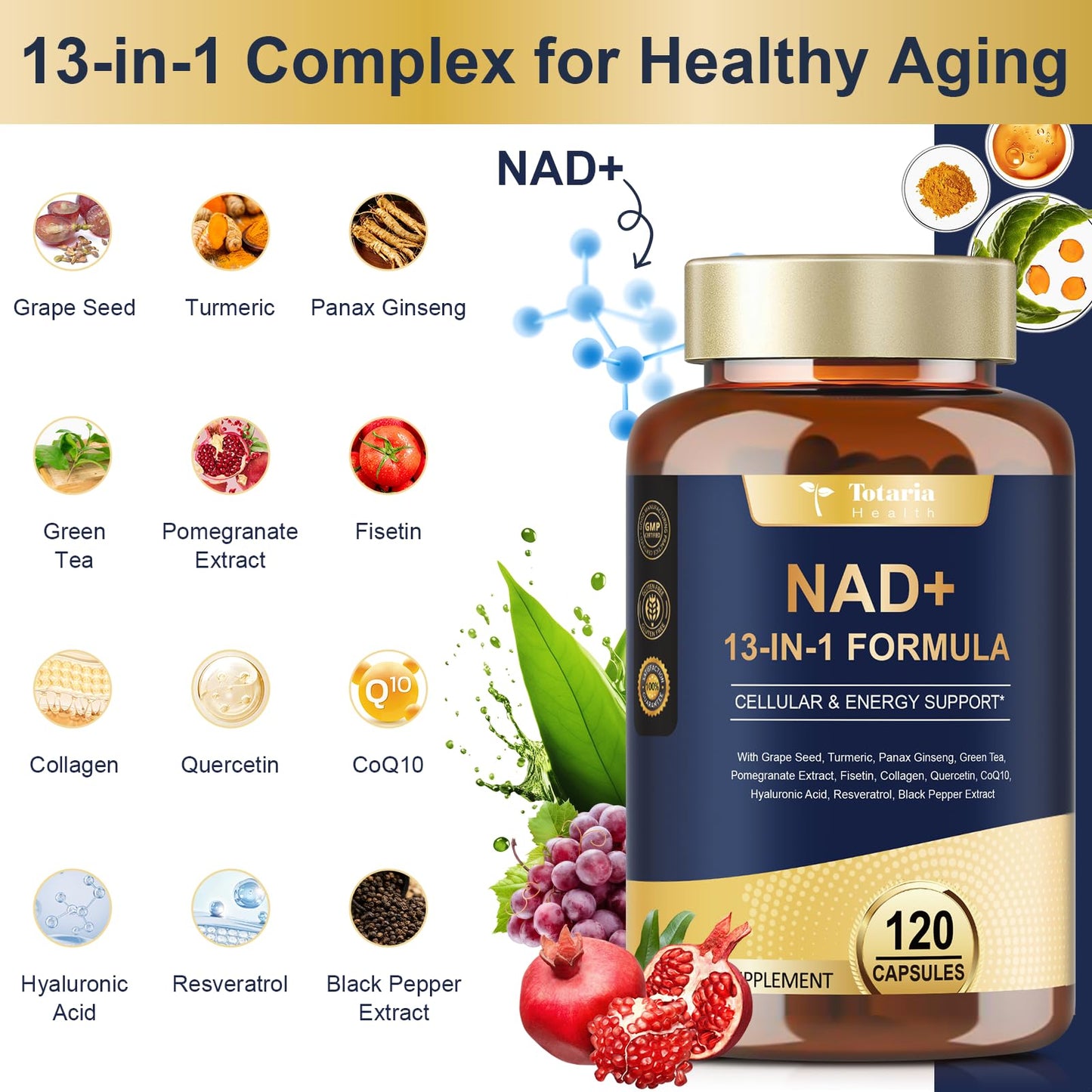 Totaria NAD+ Supplement for Women and Men with Nicotinamide Riboside, Resveratrol, Quercetin, and Betaine, 240 Capsules