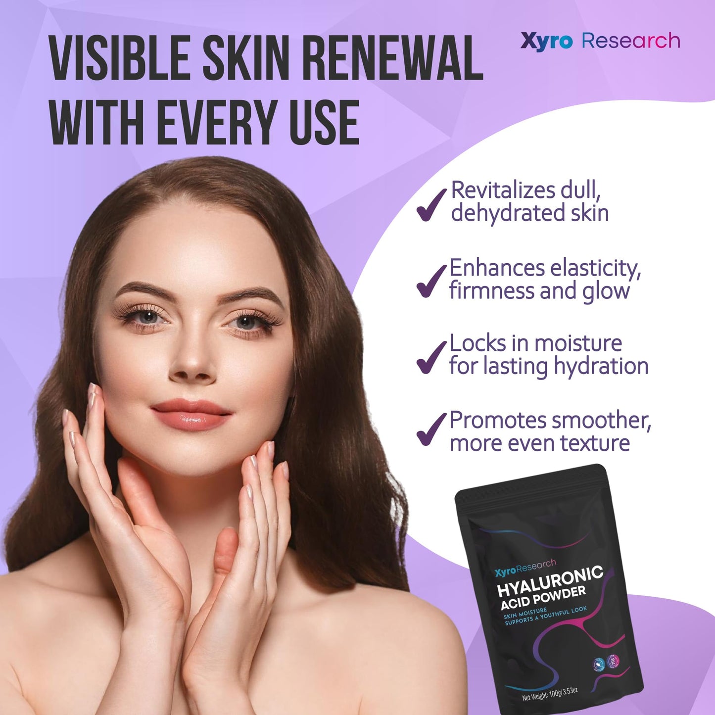 Xyro Research Hyaluronic Acid Powder for Skin High Molecular Weight Hydration & Moisture Care Support Water Soluble Ingredient for DIY Facial Skincare Serum Gluten Free GMO Free 3.53 oz