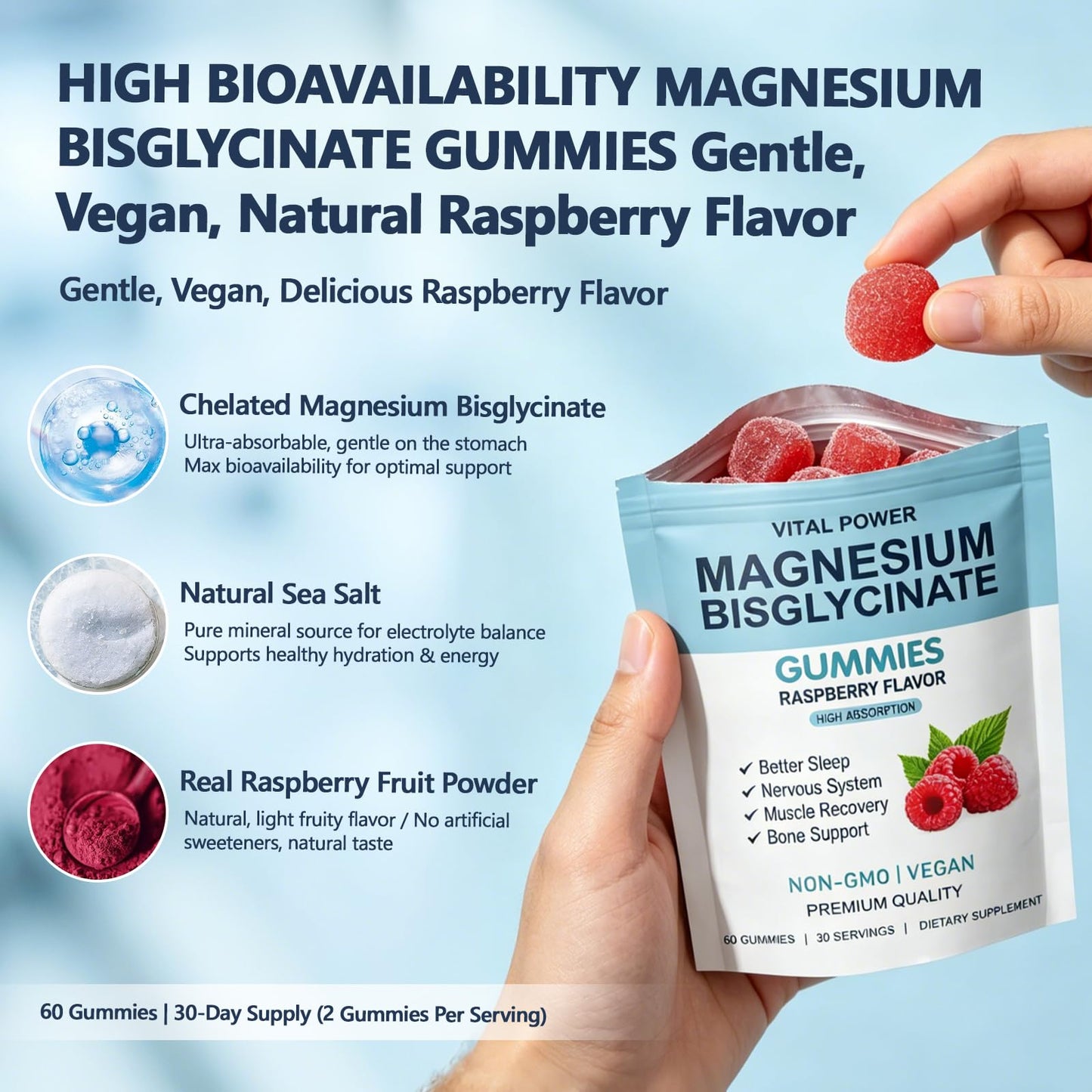VITAL POWER Magnesium Bisglycinate Gummies, 60 Gummies