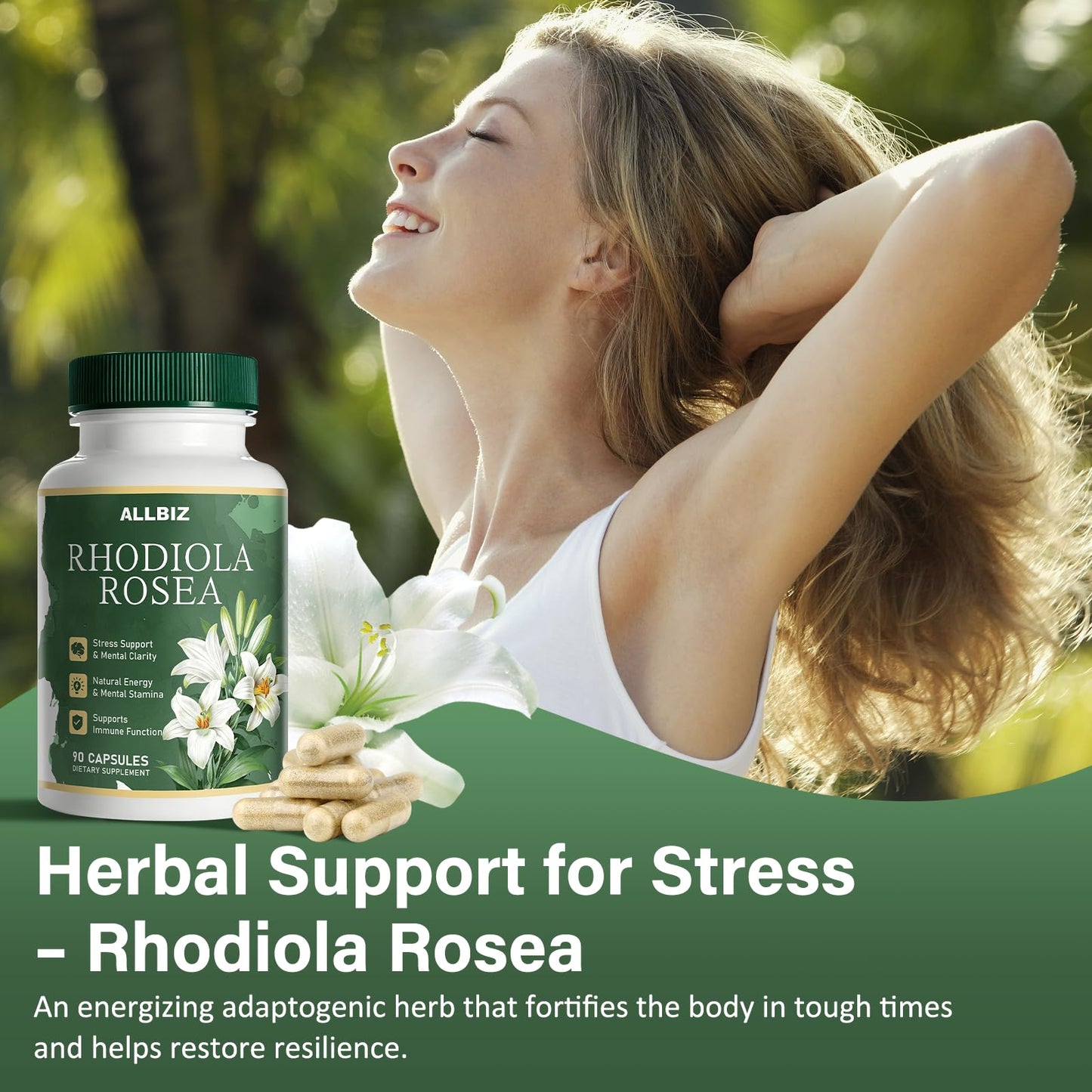 ALLBIZ Rhodiola Rosea Organic 3% Salidrosides & 1% Rosavins Standardized Capsules, 90 Count
