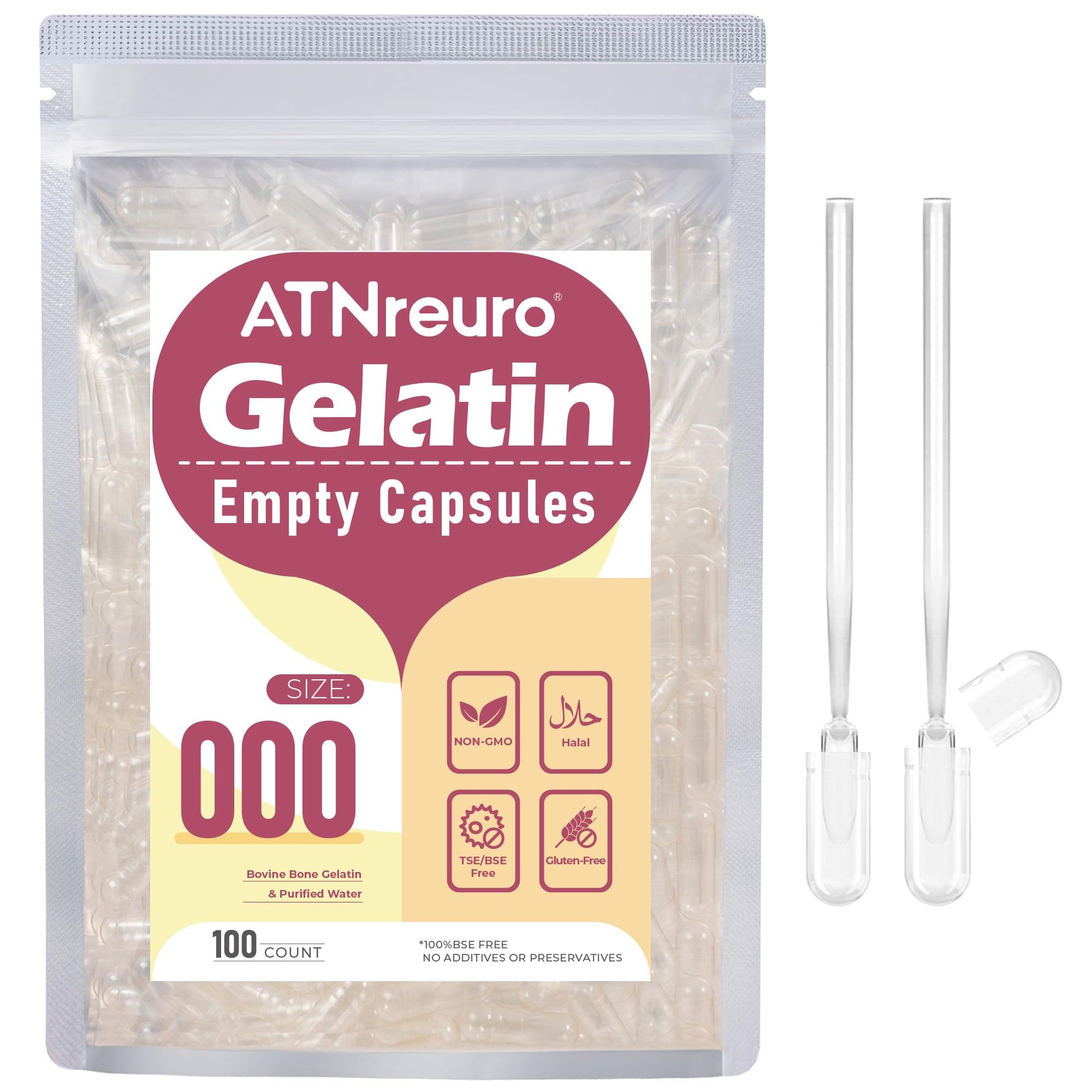 ATNreuro Size 000 Empty Gelatin Capsules, Capsule, 100 Count