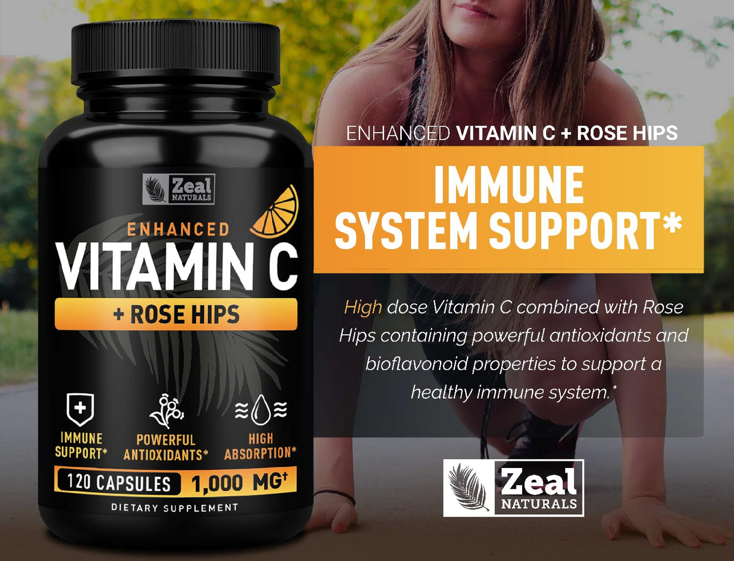 Zeal Naturals Vitamin C with Rose Hips 1000mg - Pure Ascorbic Acid Supplement - High Dose Vitamin C Capsules, 120 Count