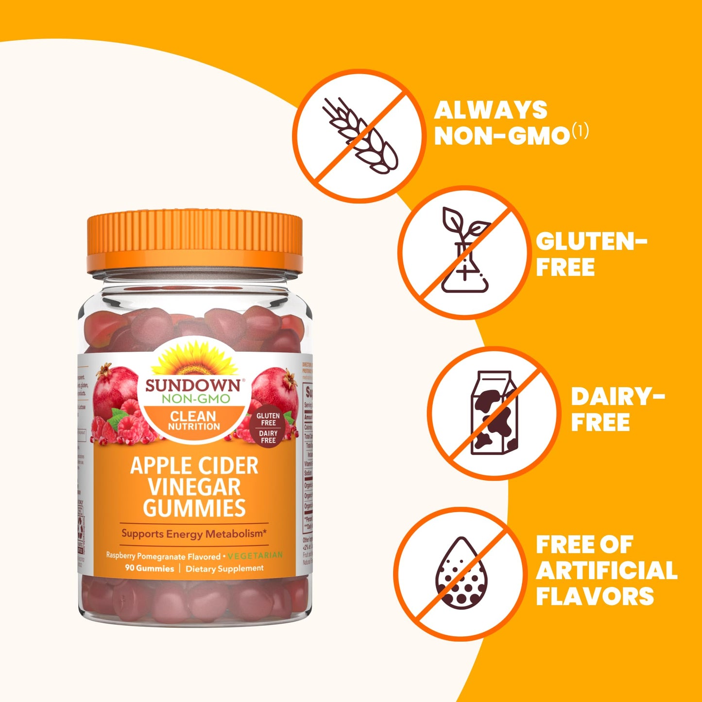 Sundown Apple Cider Vinegar Gummies, Supports Energy Metabolism, Raspberry Pomegranate Flavored, 90 Gummies